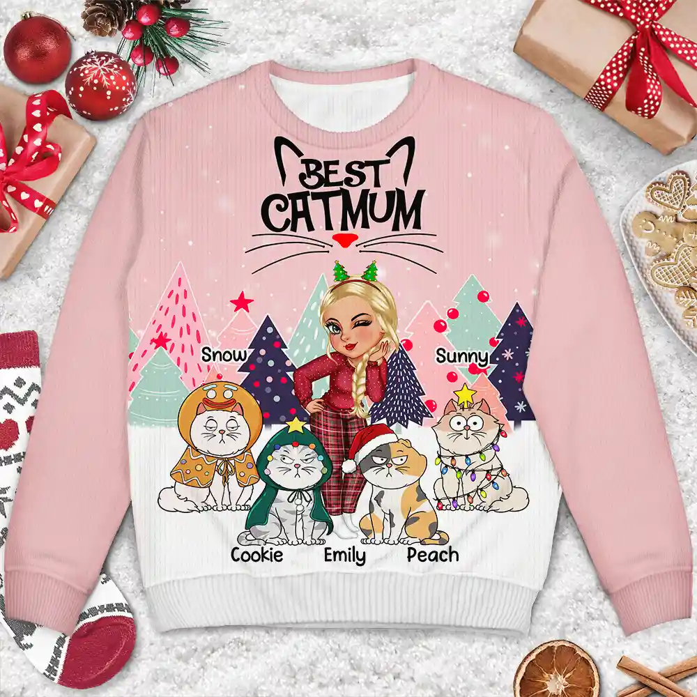 Christmas Best Cat Mom Funny Cartoon Cats - Personalized Unisex Ugly Sweater - Image 3