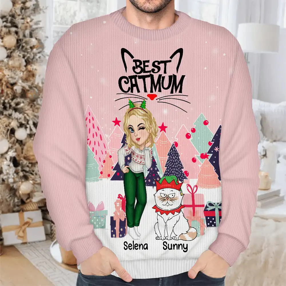 Christmas Best Cat Mom Funny Cartoon Cats - Personalized Unisex Ugly Sweater - Image 4