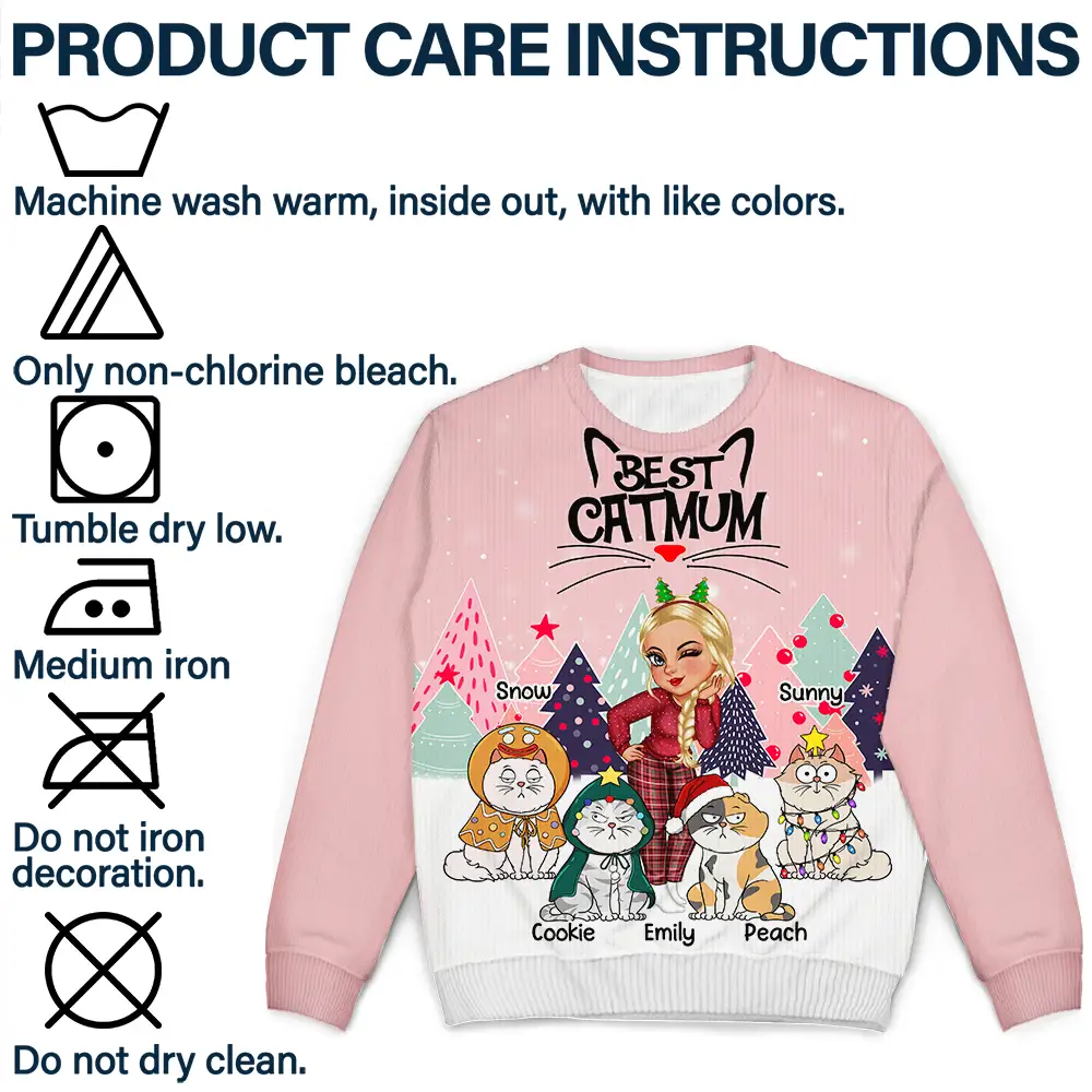 Christmas Best Cat Mom Funny Cartoon Cats - Personalized Unisex Ugly Sweater - Image 7