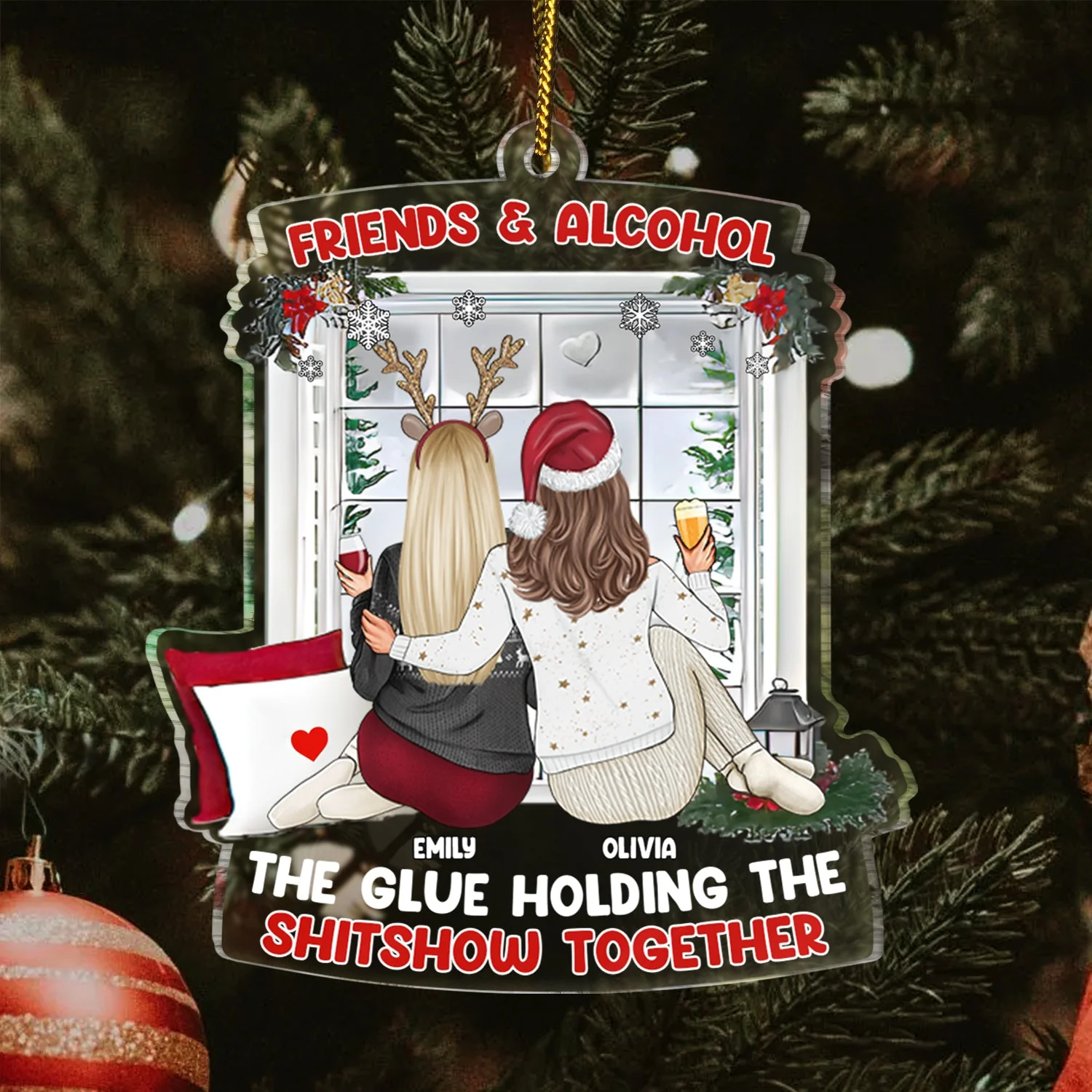 Christmas Bestie Back Side Friends & Alcohol - Gift For Bestie - Personalized Custom Shaped Acrylic Ornament - Image 3