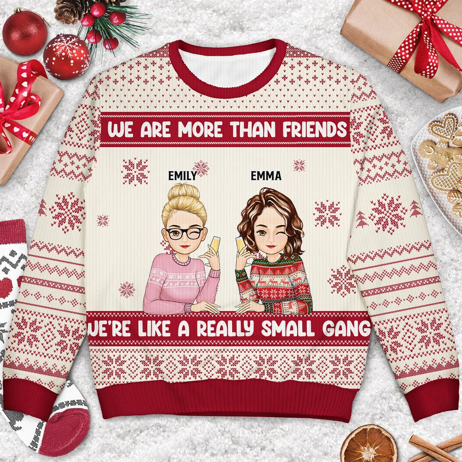 Christmas Bestie Cartoon Drinking Really Small Gang - Gift For Bestie - Personalized Unisex Ugly Sweater - Image 3