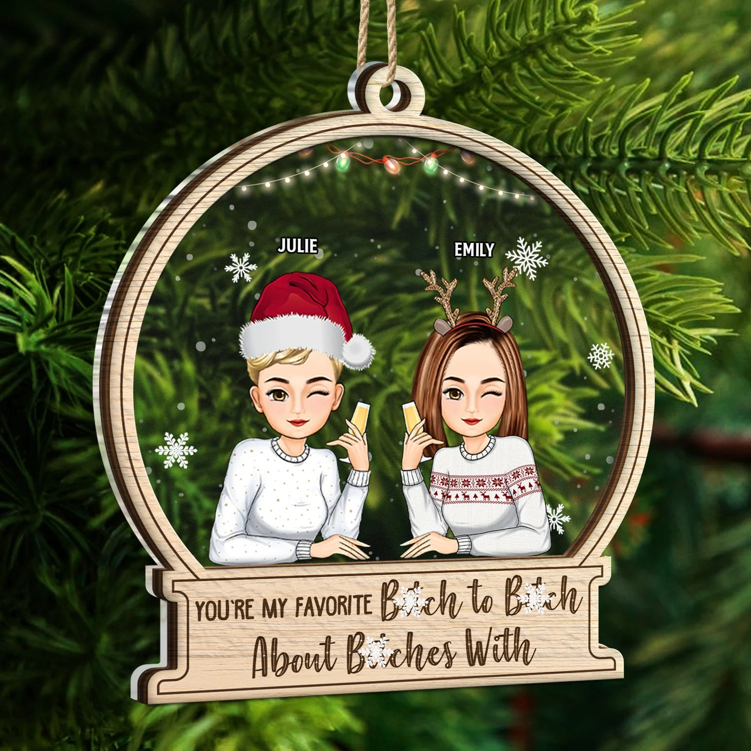 Christmas Bestie Cartoon Sitting You're My Favorite - Gift For Besties - Personalized 2-Layered Mix Ornament - Image 5