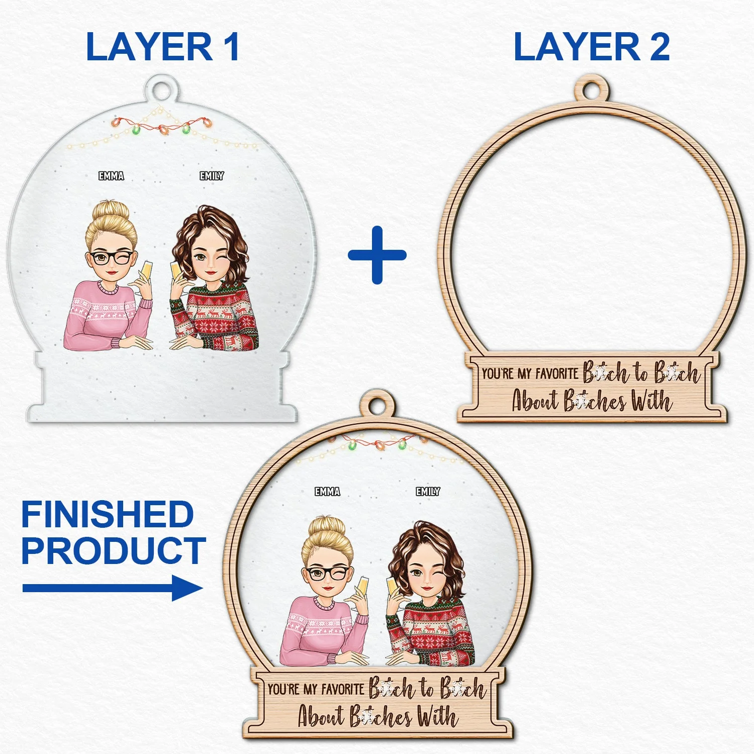 Christmas Bestie Cartoon Sitting You're My Favorite - Gift For Besties - Personalized 2-Layered Mix Ornament - Image 6