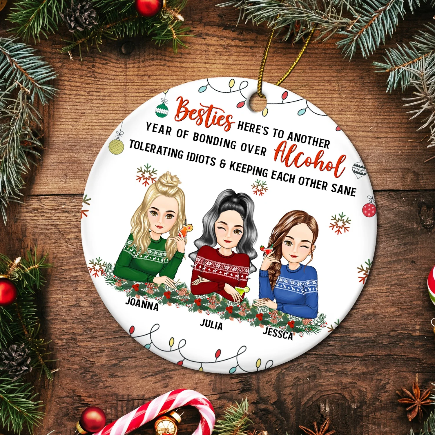 Christmas Bestie Drinking Here's To Another Year - Gift For Besties - Personalized Circle Ceramic Ornament - Image 5