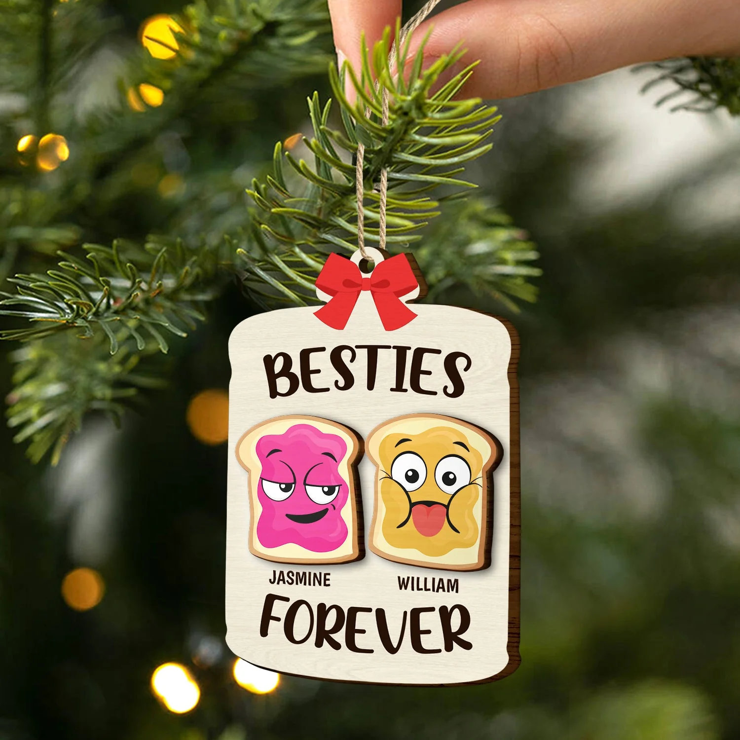 Christmas Bestie Forever Like Peanut Butter & Jelly - Gift For Bestie - Personalized 2-Layered Wooden Ornament - Image 2