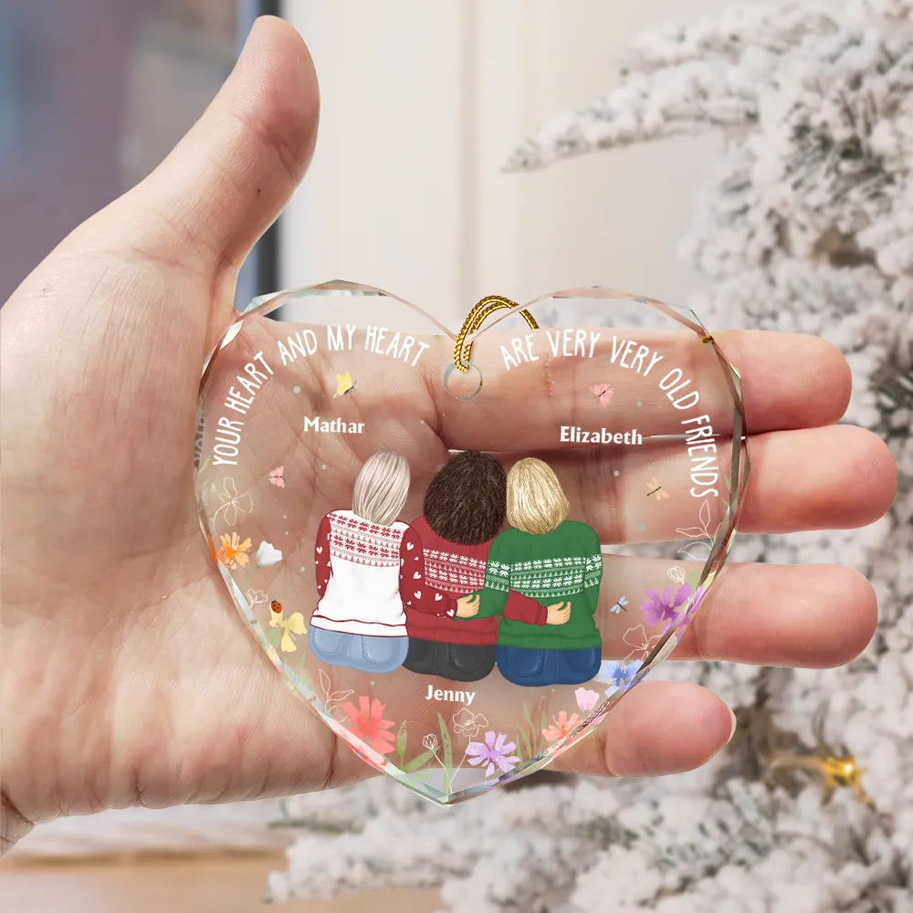 Christmas Bestie Old Best Friends - Personalized Heart Shaped Glass Ornament - Image 3