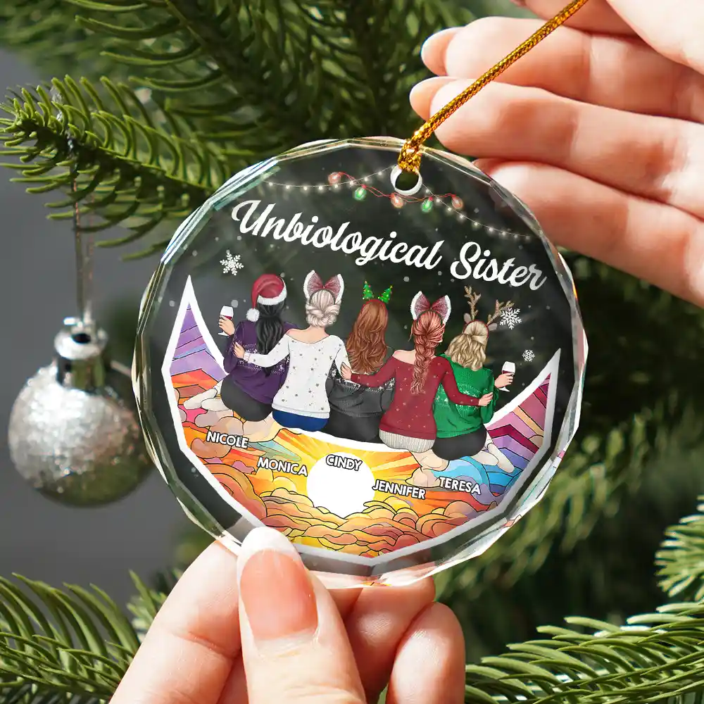 Christmas Bestie On Moon Sister I Got To Choose - Personalized Circle Glass Ornament - Image 2