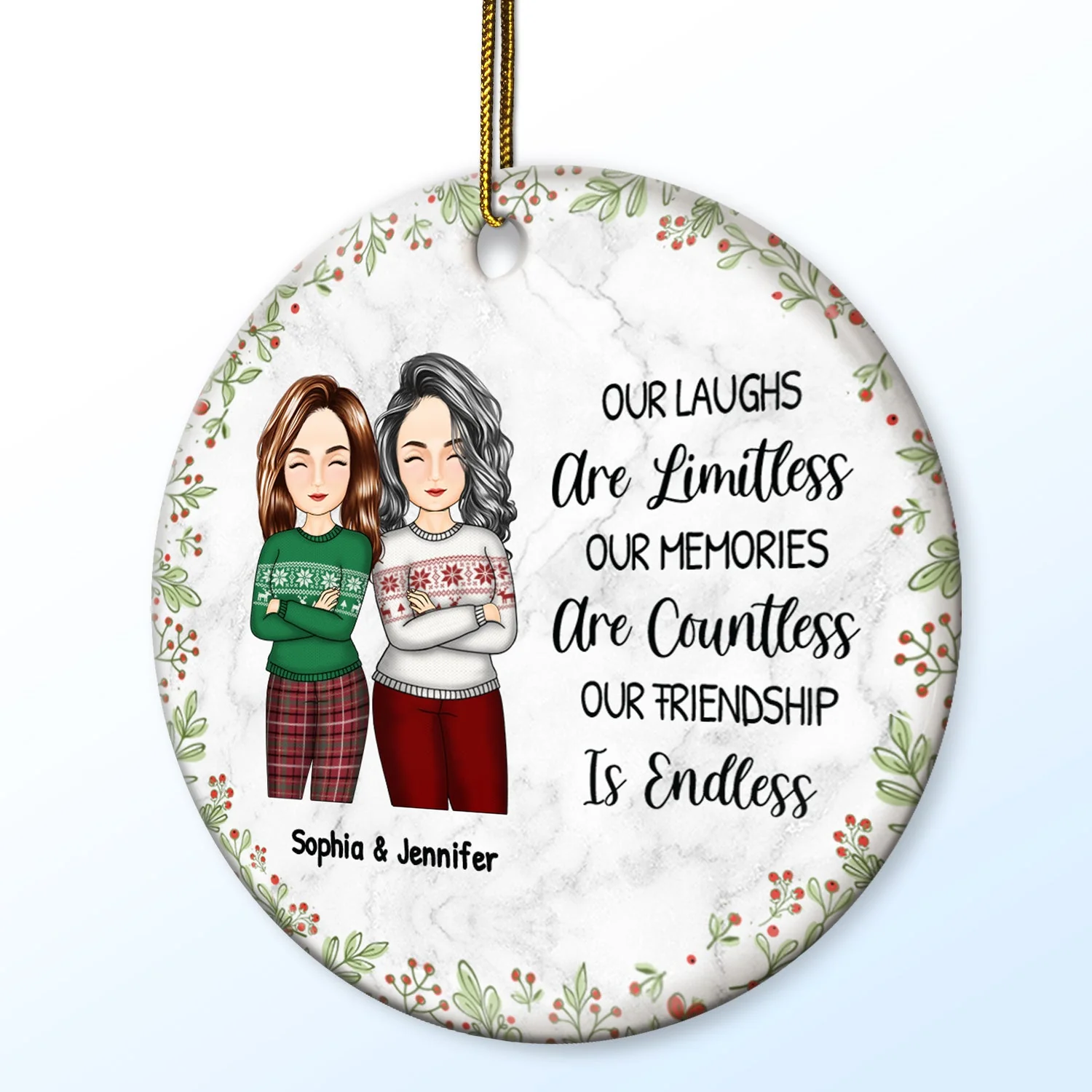 Christmas Bestie Our Laughs Are Limitless - Gift For Bestie - Personalized Circle Ceramic Ornament - Image 2