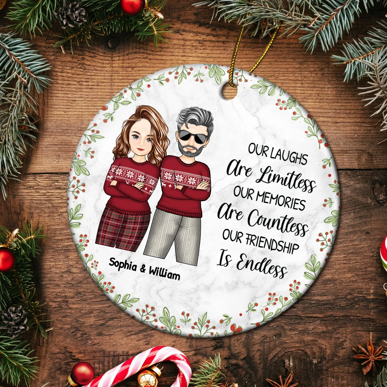 Christmas Bestie Our Laughs Are Limitless - Gift For Bestie - Personalized Circle Ceramic Ornament - Image 5