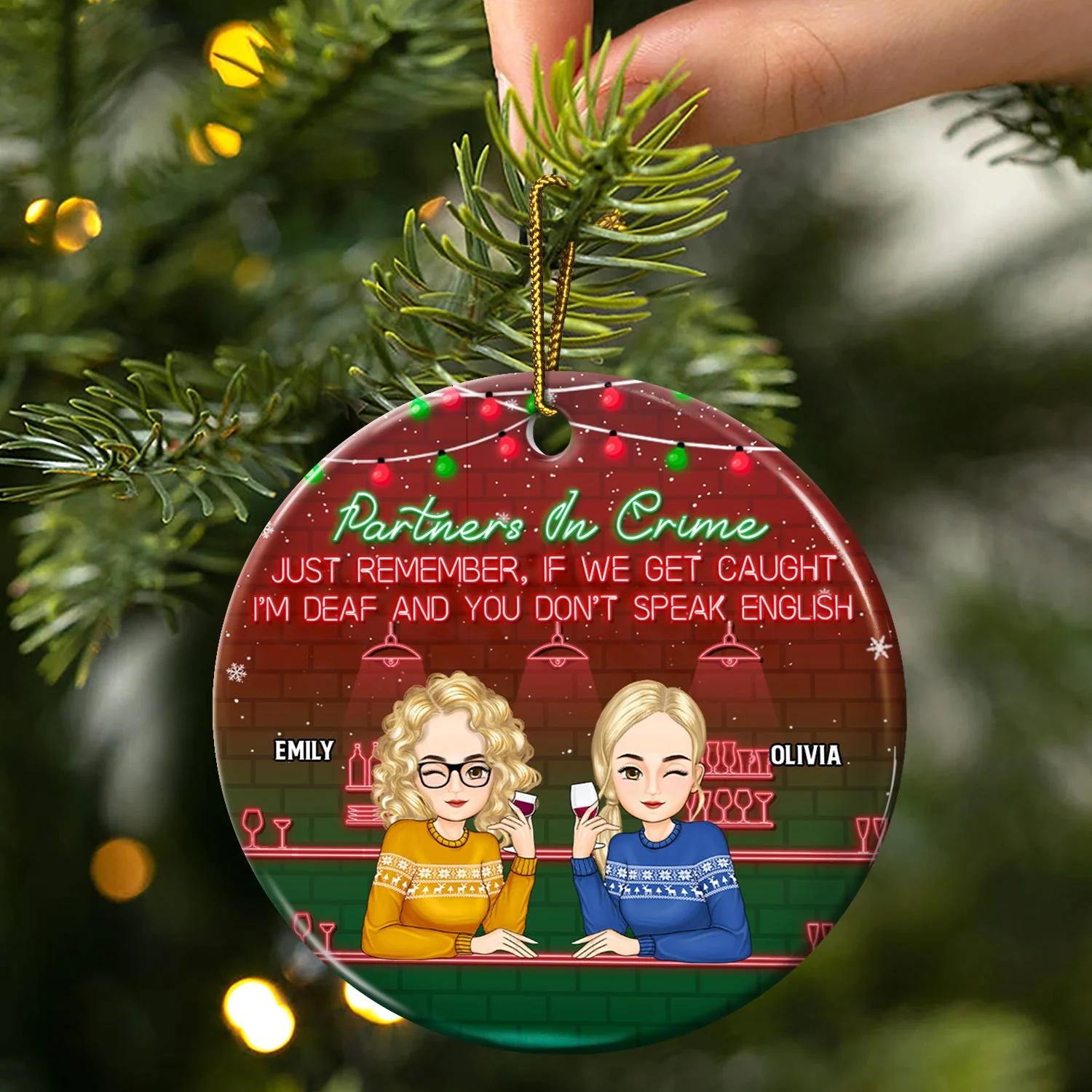 Christmas Bestie Partners In Crime - Gift For Bestie - Personalized Circle Ceramic Ornament - Image 3