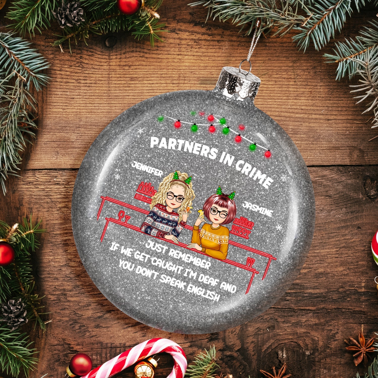 Christmas Bestie Partners In Crime - Gift For Besties - Personalized Glitter Plastic Ornament - Image 3