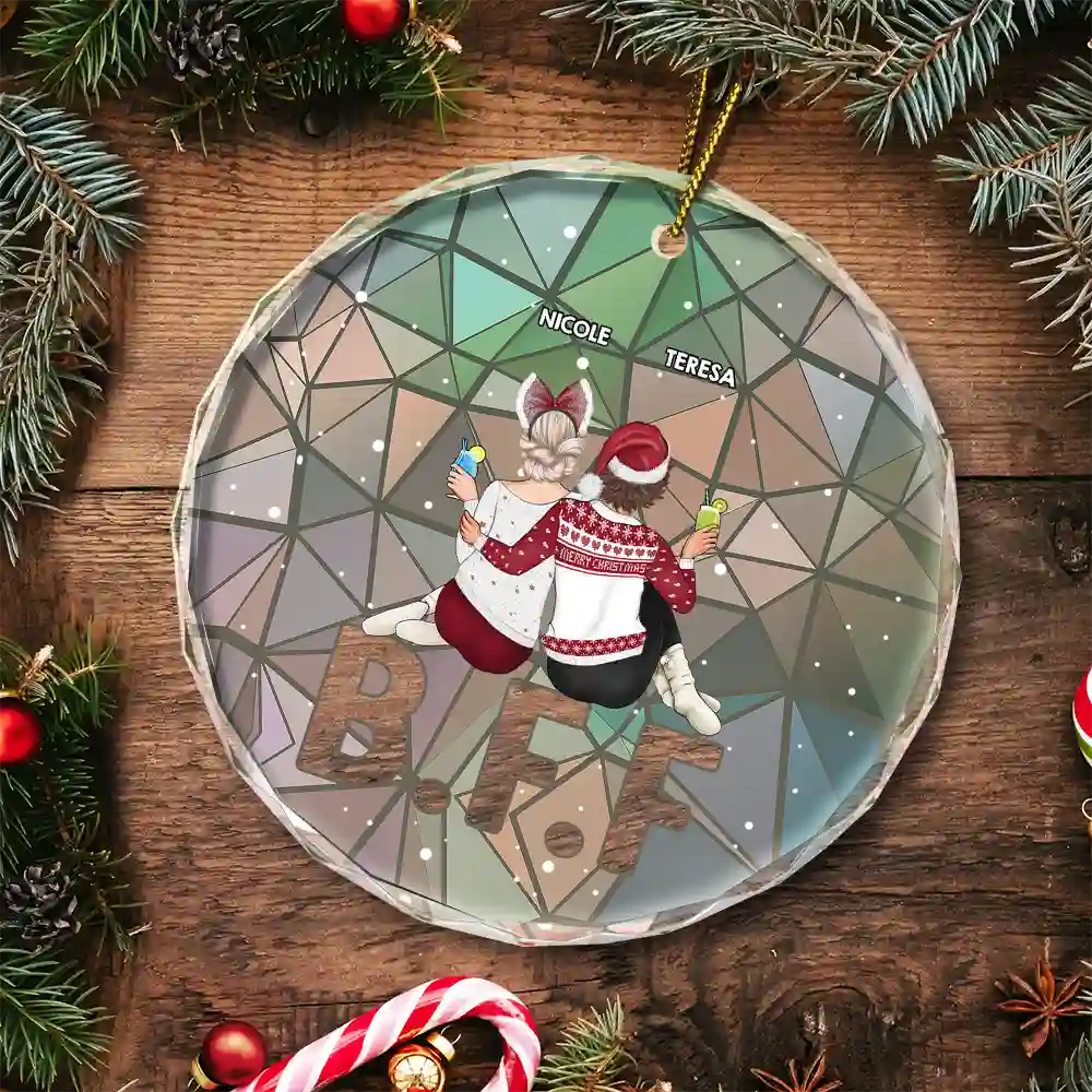 Christmas Bestie Sitting - Personalized Circle Glass Ornament - Image 5