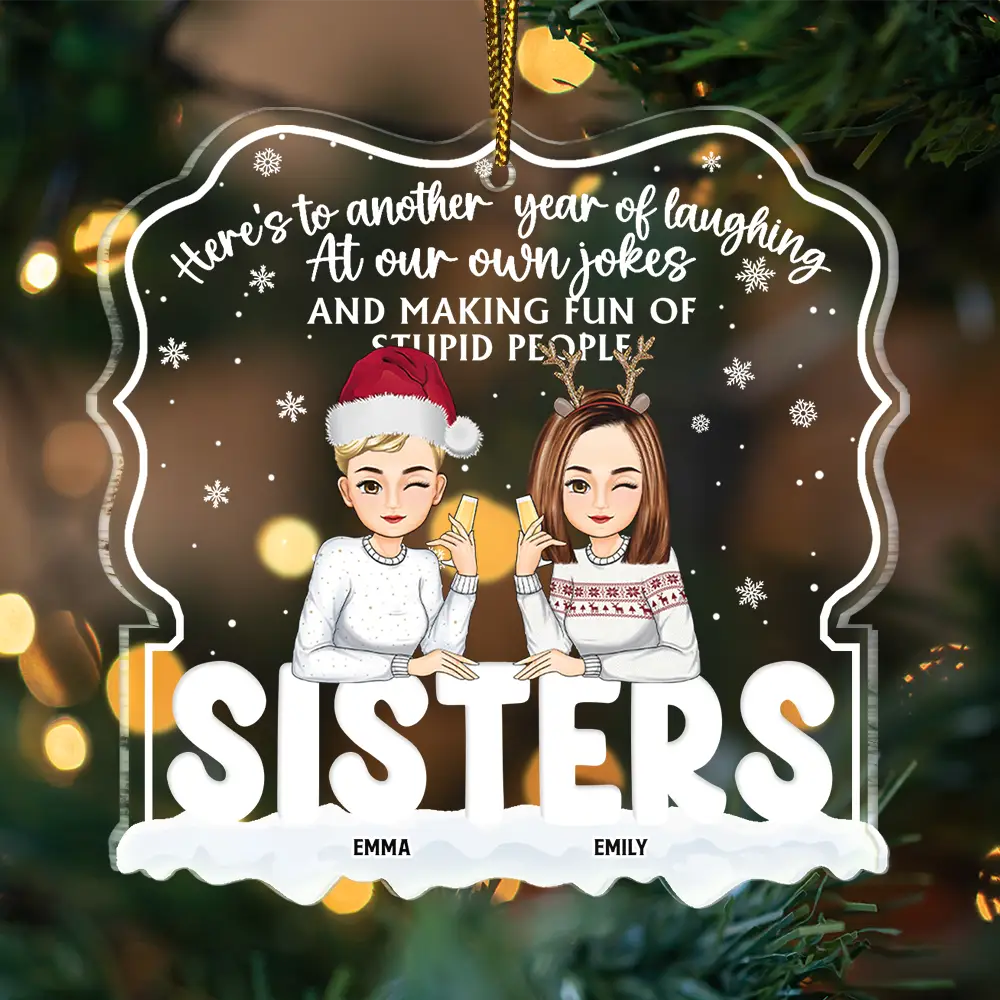 Christmas Besties Cartoon Drinking Here's To Another Year - Personalized Custom Shaped Acrylic Ornament - Image 3