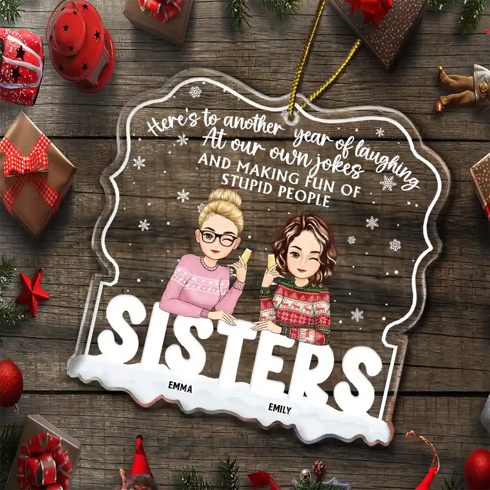 Christmas Besties Cartoon Drinking Here's To Another Year - Personalized Custom Shaped Acrylic Ornament - Image 5