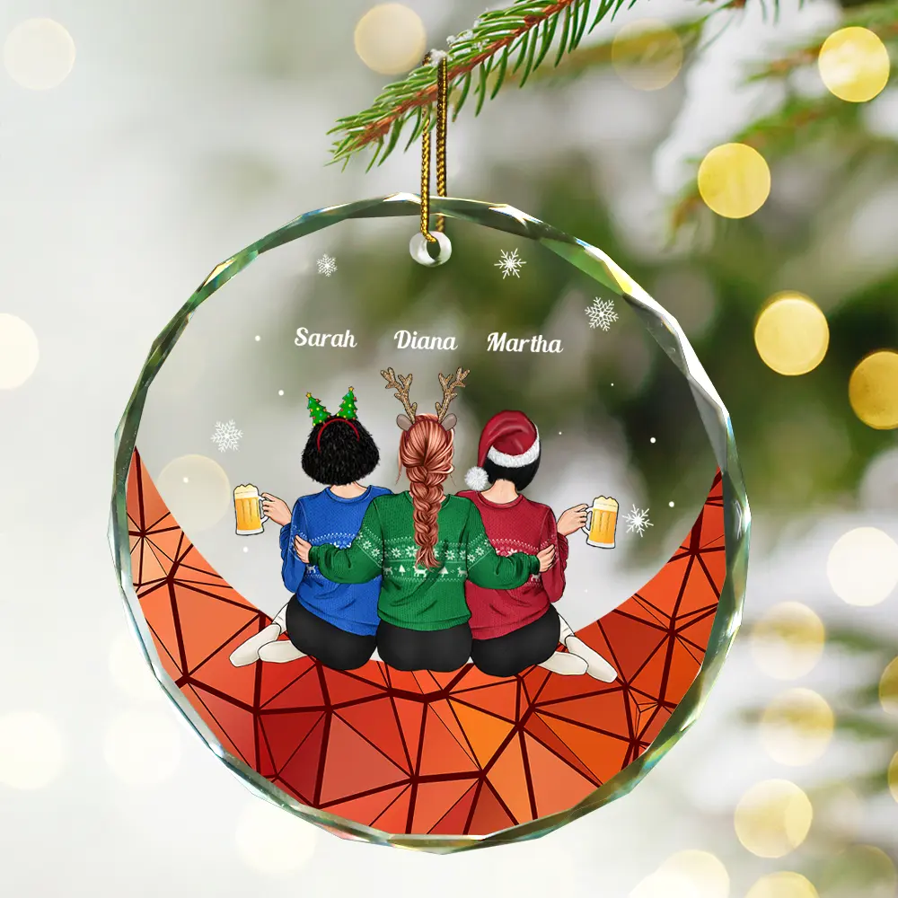 Christmas Besties Sister Sitting On The Moon - Personalized Circle Glass Ornament - Image 2