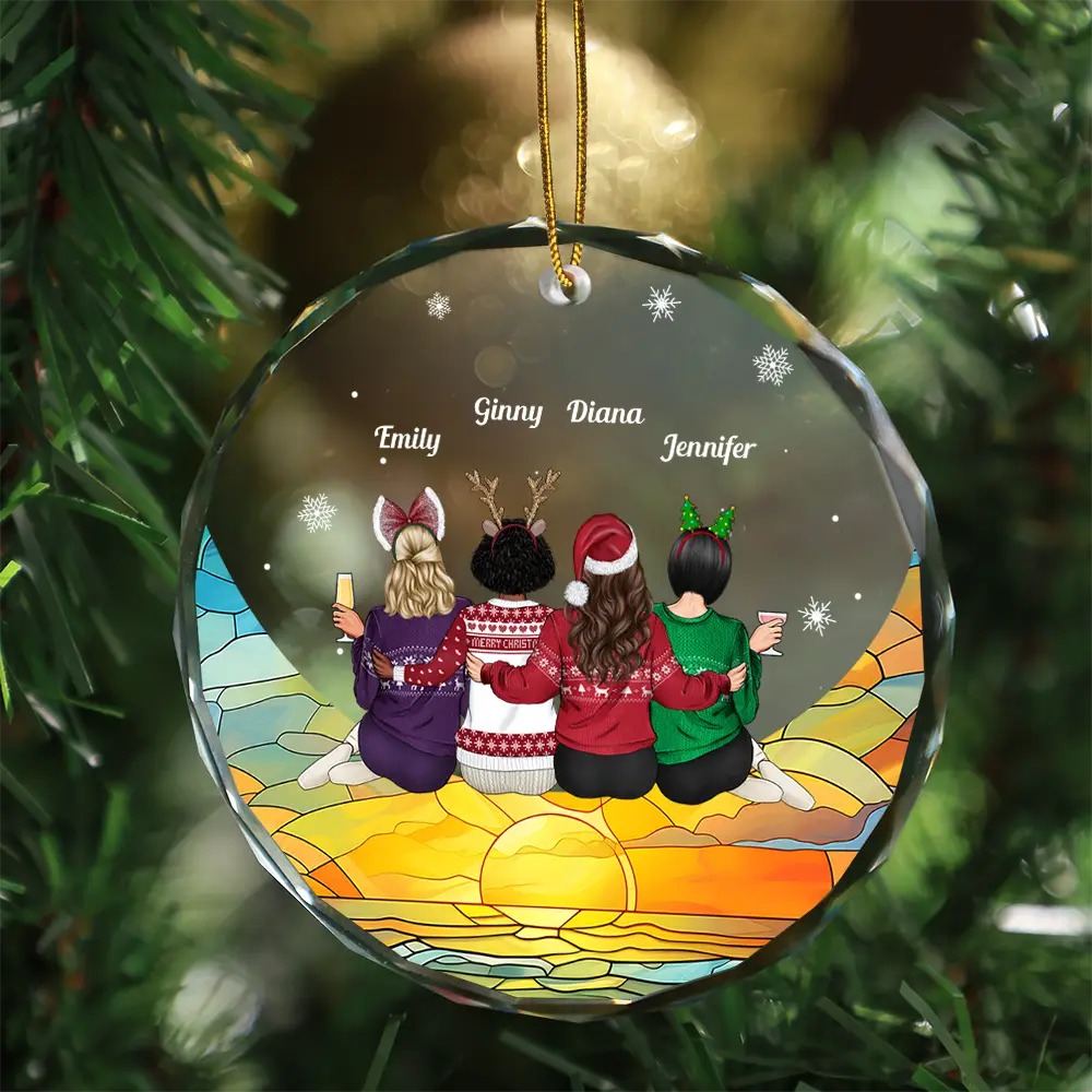 Christmas Besties Sister Sitting On The Moon - Personalized Circle Glass Ornament - Image 3