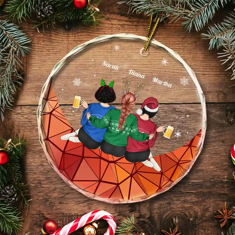 Christmas Besties Sister Sitting On The Moon - Personalized Circle Glass Ornament - Image 5