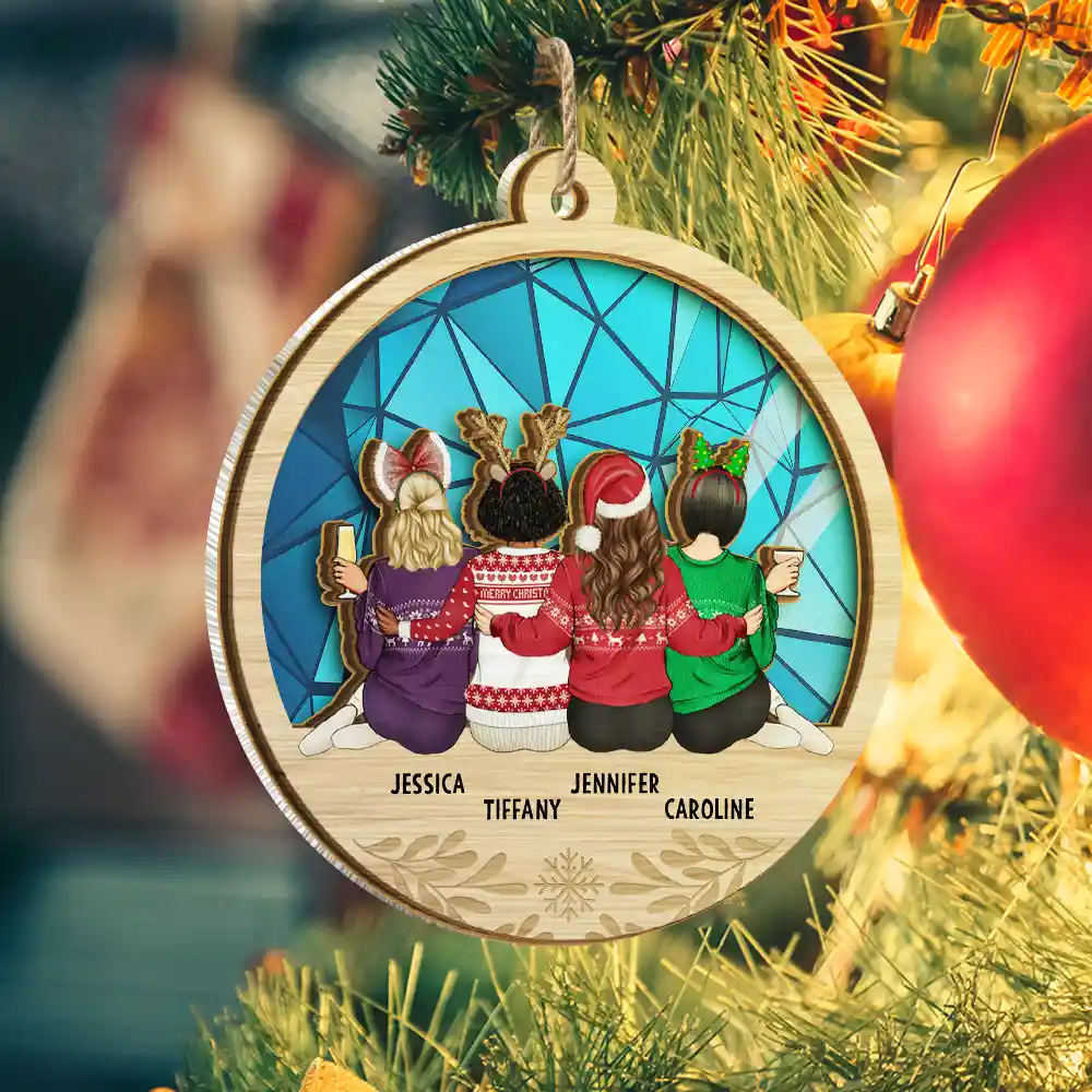 Christmas Besties Sister Sitting Together - Personalized Suncatcher Ornament - Image 2