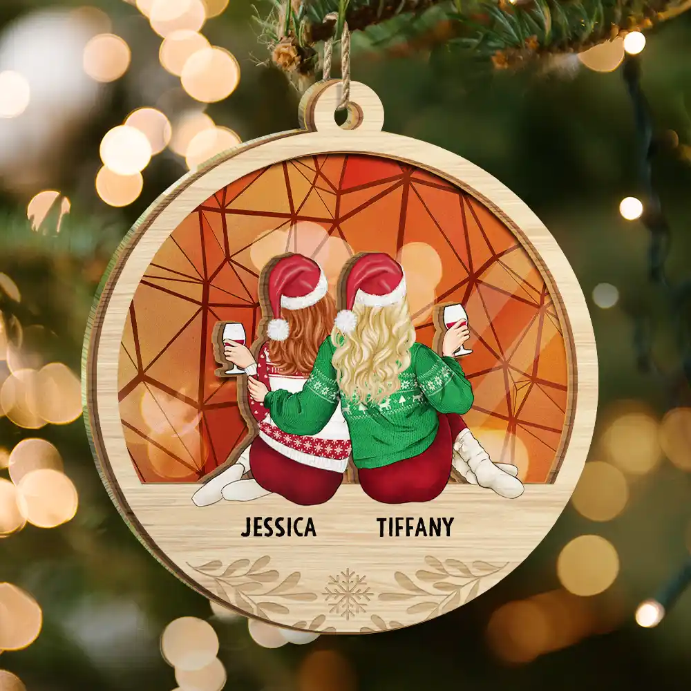 Christmas Besties Sister Sitting Together - Personalized Suncatcher Ornament - Image 3