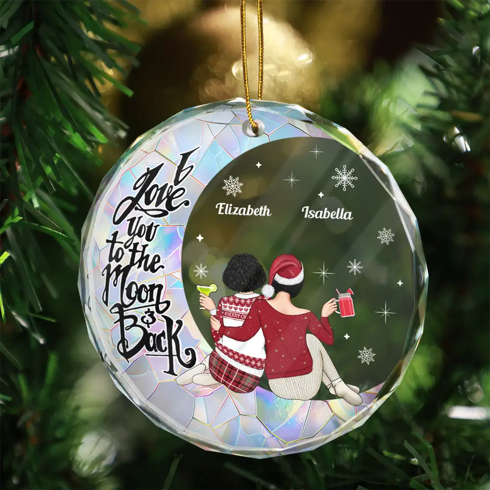 Christmas Besties Sisters I Love You To The Moon And Back - Personalized Circle Glass Ornament - Image 3