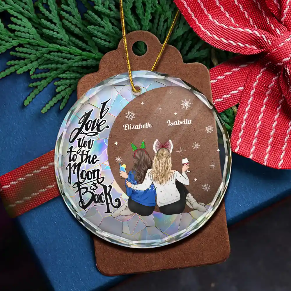 Christmas Besties Sisters I Love You To The Moon And Back - Personalized Circle Glass Ornament - Image 5