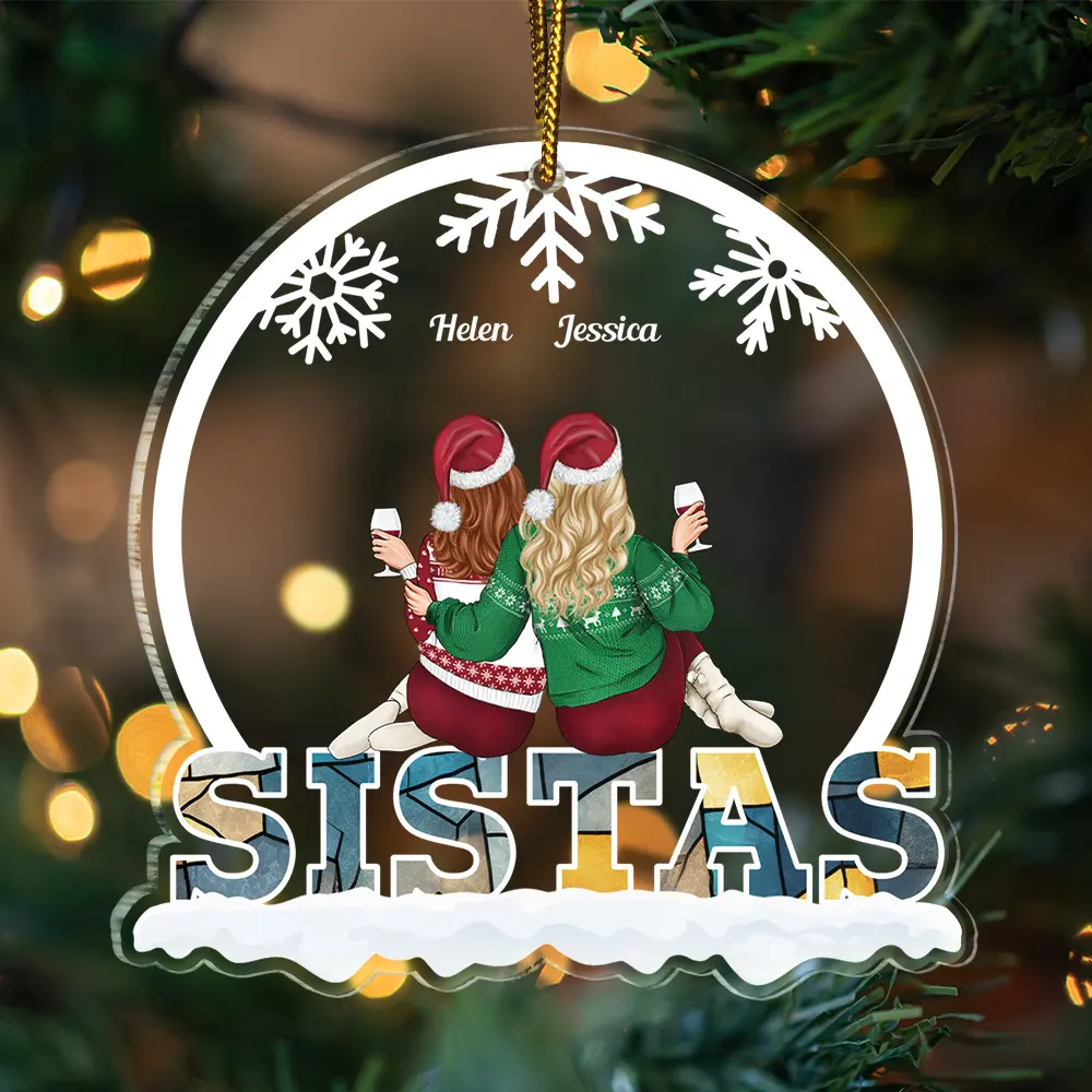 Christmas Besties Sisters Sitting Together - Personalized Custom Shaped Acrylic Ornament - Image 3