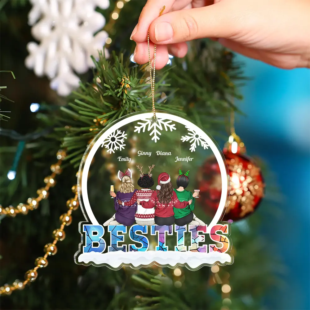 Christmas Besties Sisters Sitting Together - Personalized Custom Shaped Acrylic Ornament - Image 4