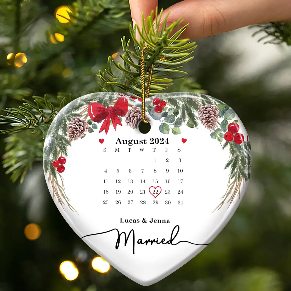 Christmas Calendar Couple Married Engaged - Personalized Heart Ceramic Ornament - Image 3