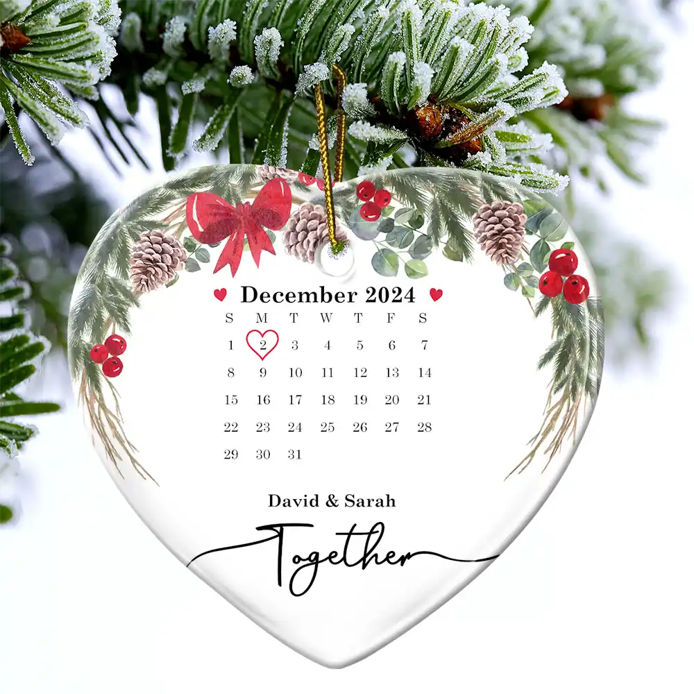 Christmas Calendar Couple Married Engaged - Personalized Heart Ceramic Ornament - Image 4