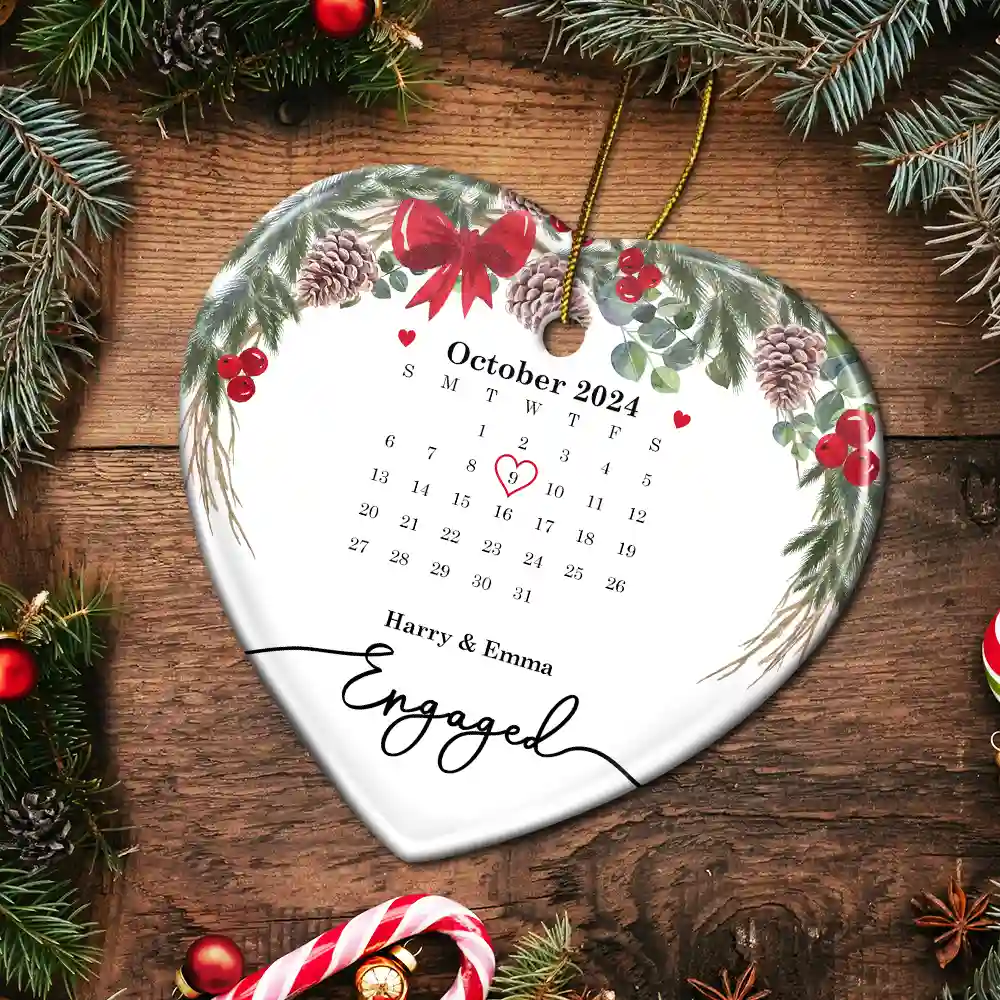 Christmas Calendar Couple Married Engaged - Personalized Heart Ceramic Ornament - Image 5