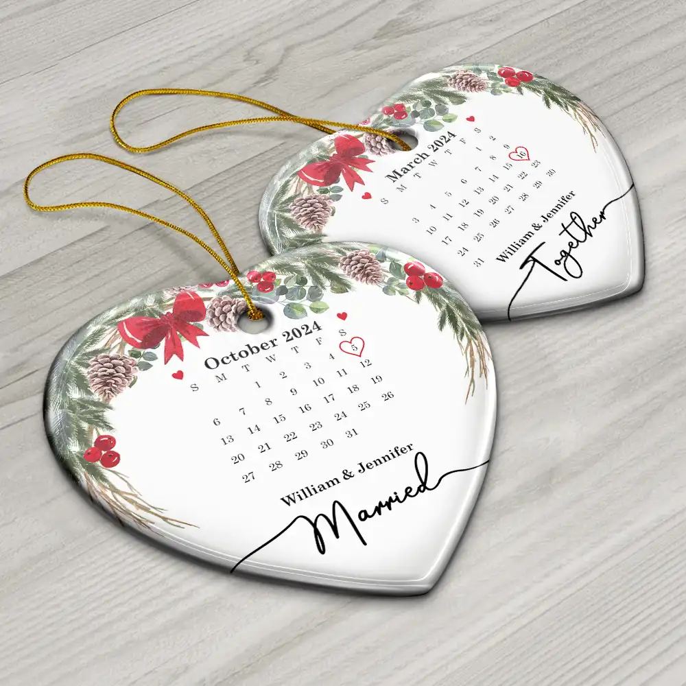 Christmas Calendar Couple Married Engaged - Personalized Heart Ceramic Ornament - Image 6
