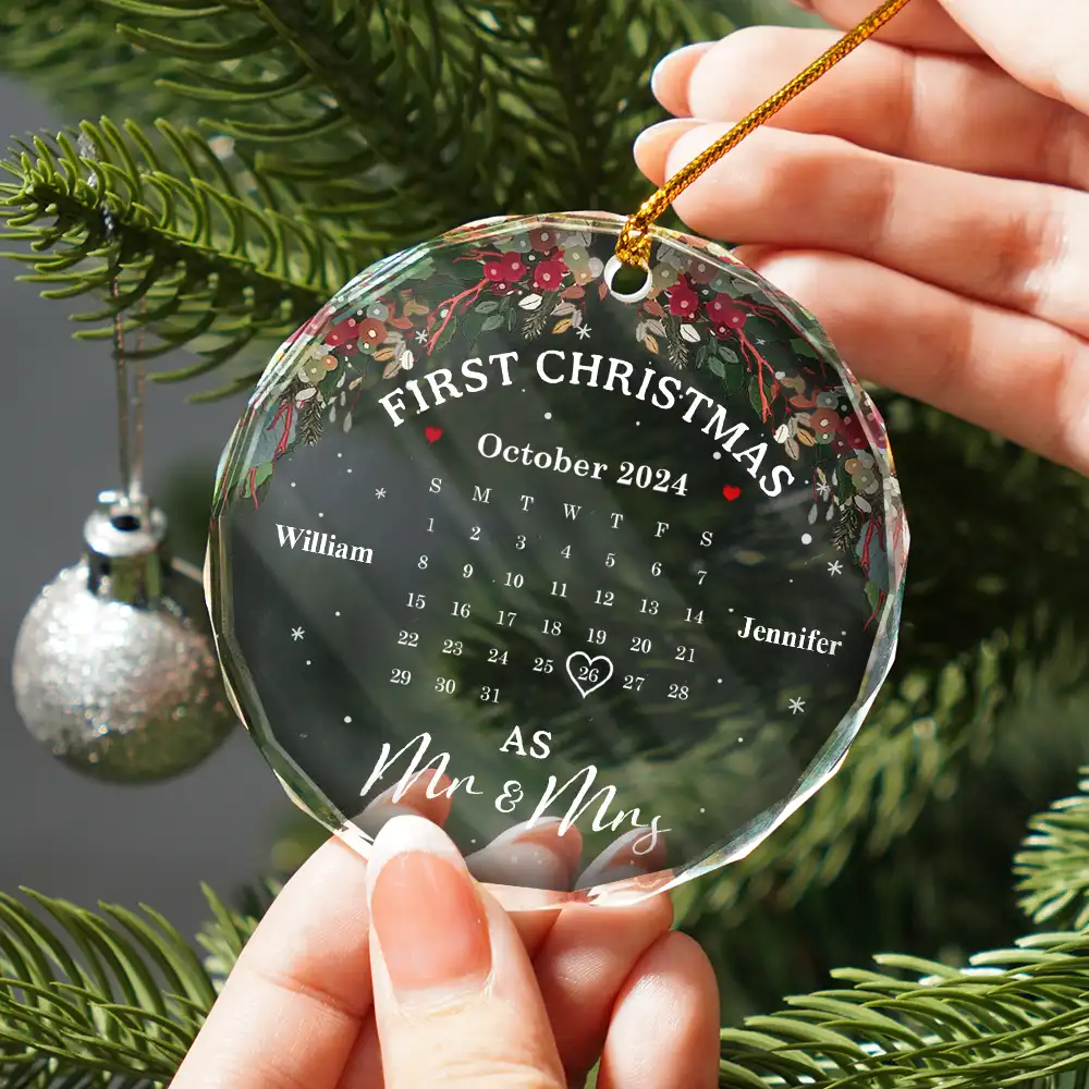 Christmas Calendar First Christmas Couple - Personalized Circle Glass Ornament - Image 2
