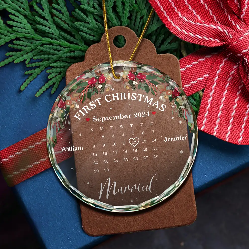 Christmas Calendar First Christmas Couple - Personalized Circle Glass Ornament - Image 5