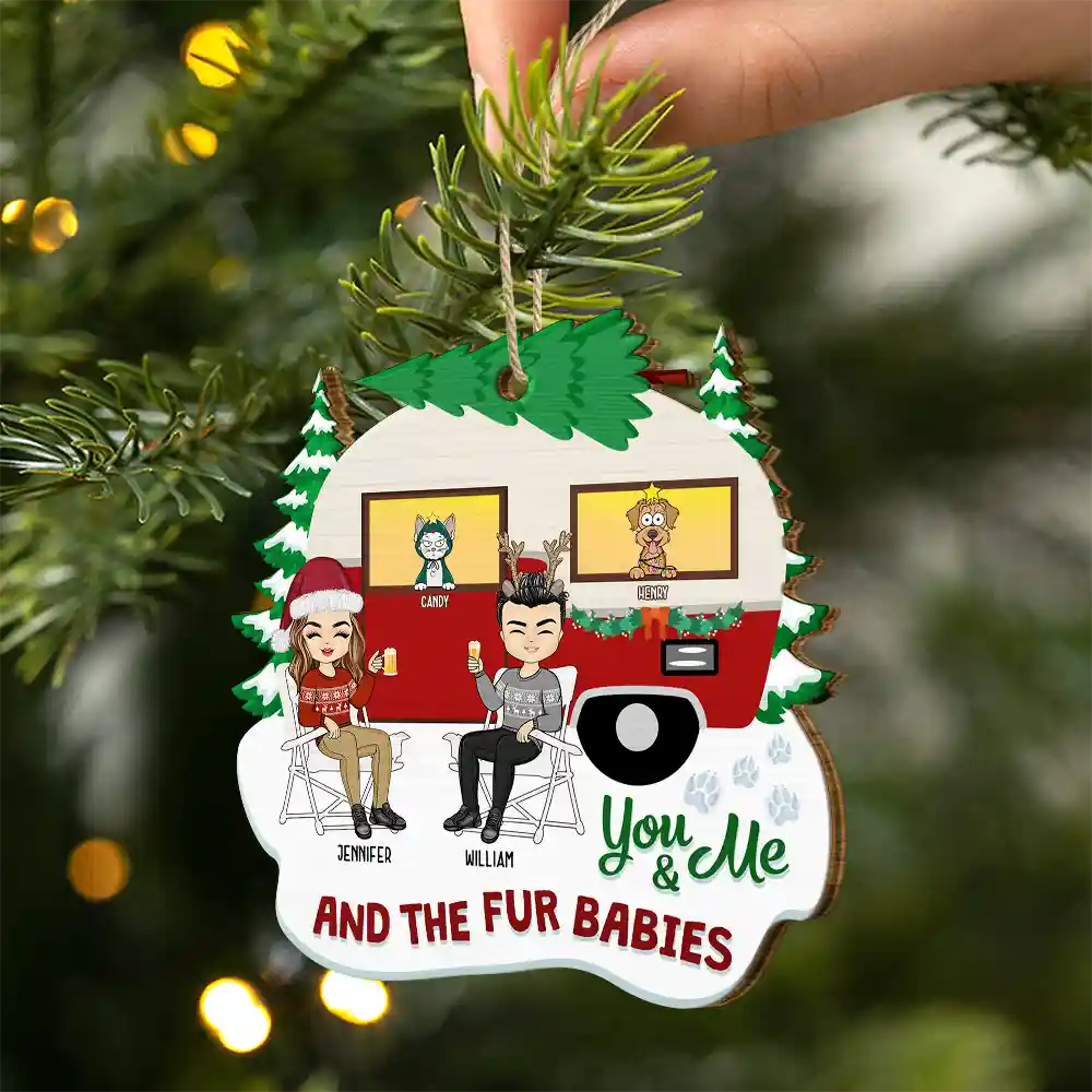 Christmas Camper You, Me And The Fur Babies - Personalized Custom Shaped Wooden Ornament - Image 2