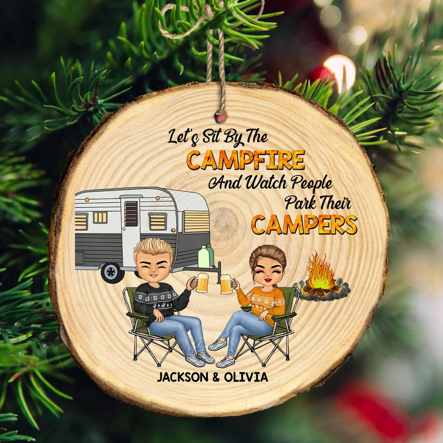 Christmas Camping Couple Sit By The Campfire - Gift For Couples - Personalized Wood Slice Ornament - Image 3