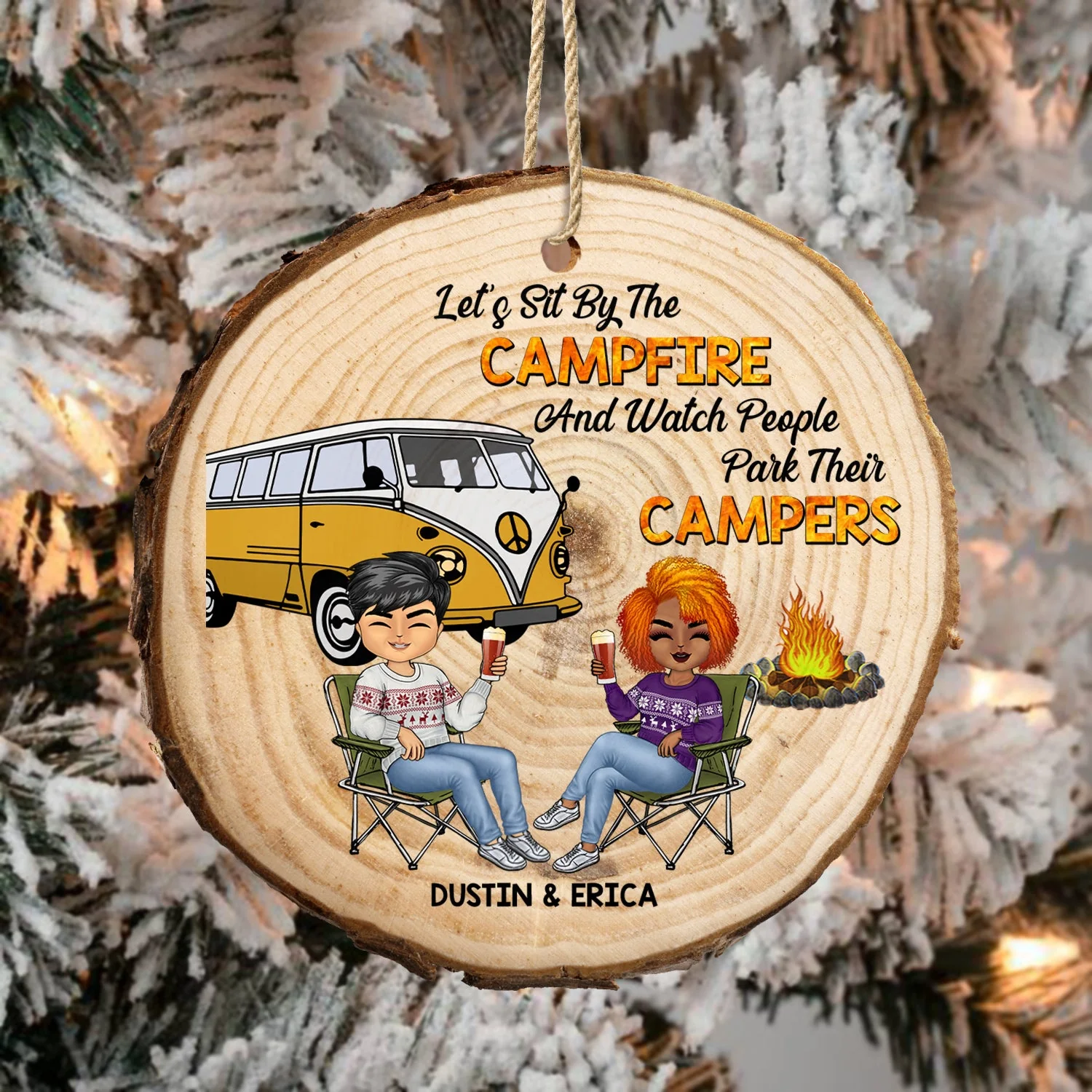 Christmas Camping Couple Sit By The Campfire - Gift For Couples - Personalized Wood Slice Ornament - Image 4