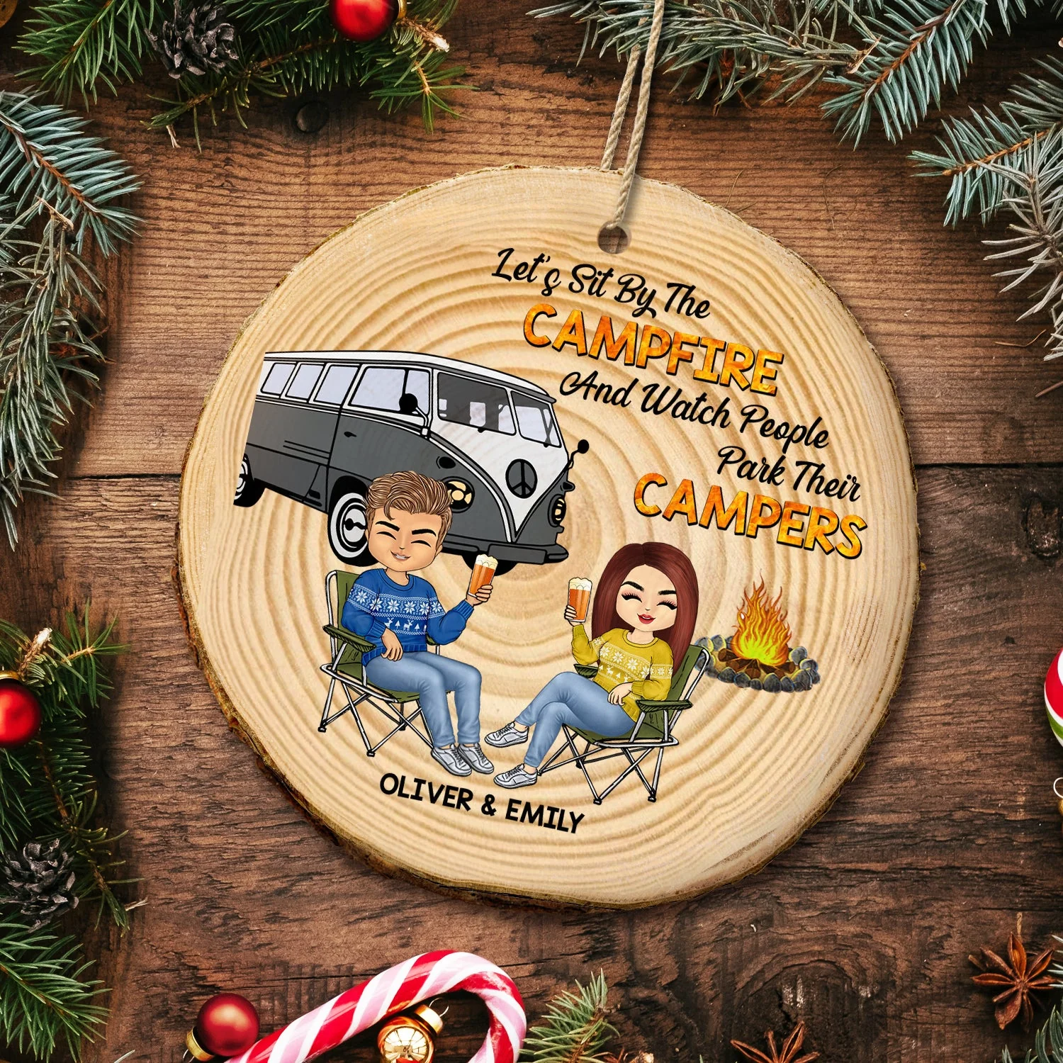 Christmas Camping Couple Sit By The Campfire - Gift For Couples - Personalized Wood Slice Ornament - Image 5