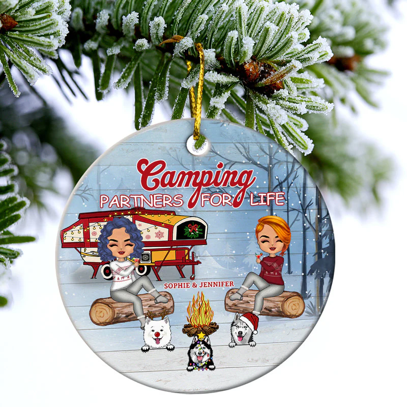 Christmas Camping Pet Lovers Couple Happy Campers - Personalized Custom Circle Ceramic Ornament - Image 3