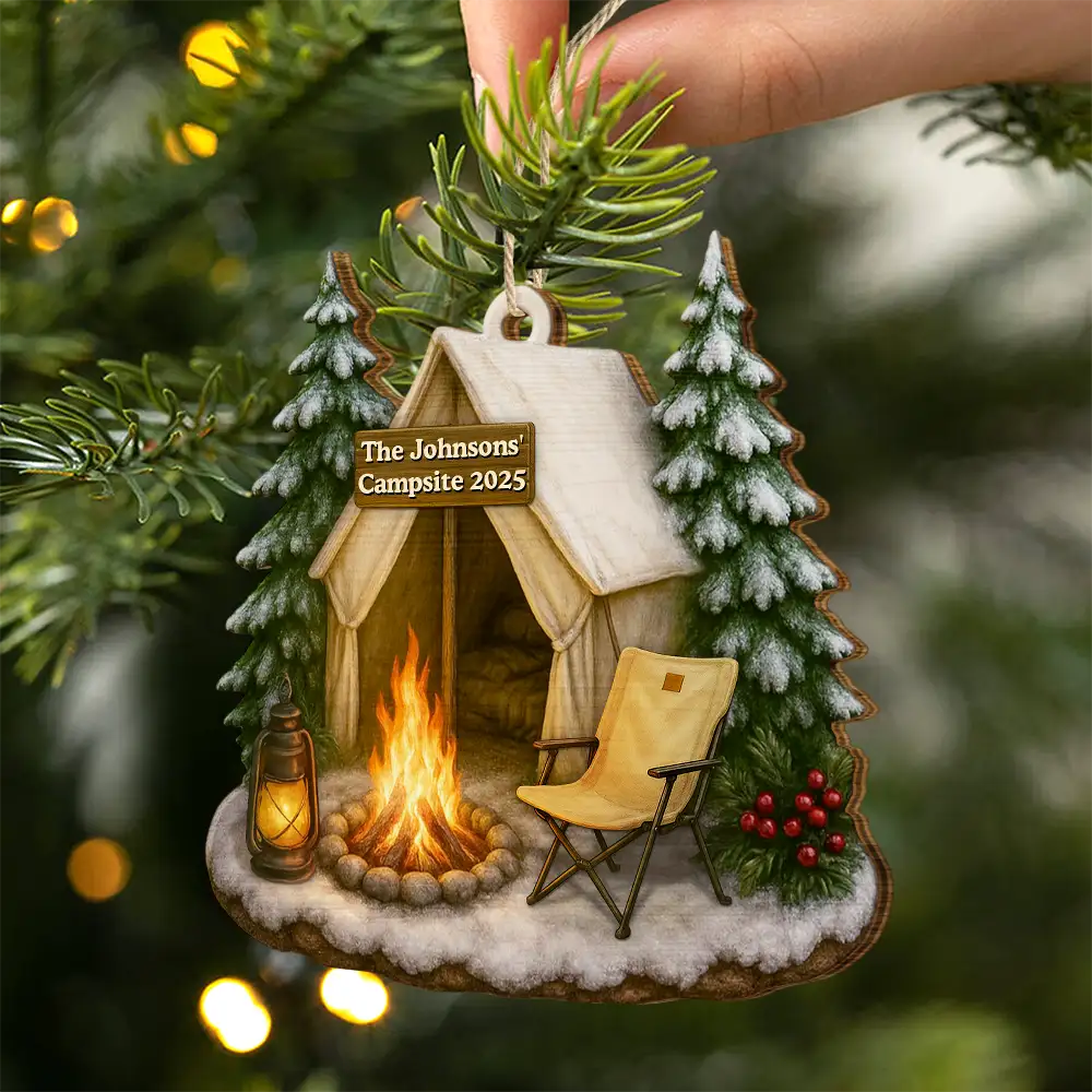 Christmas Campsite Scene - Personalized Custom Shaped Wooden Ornament - Image 2