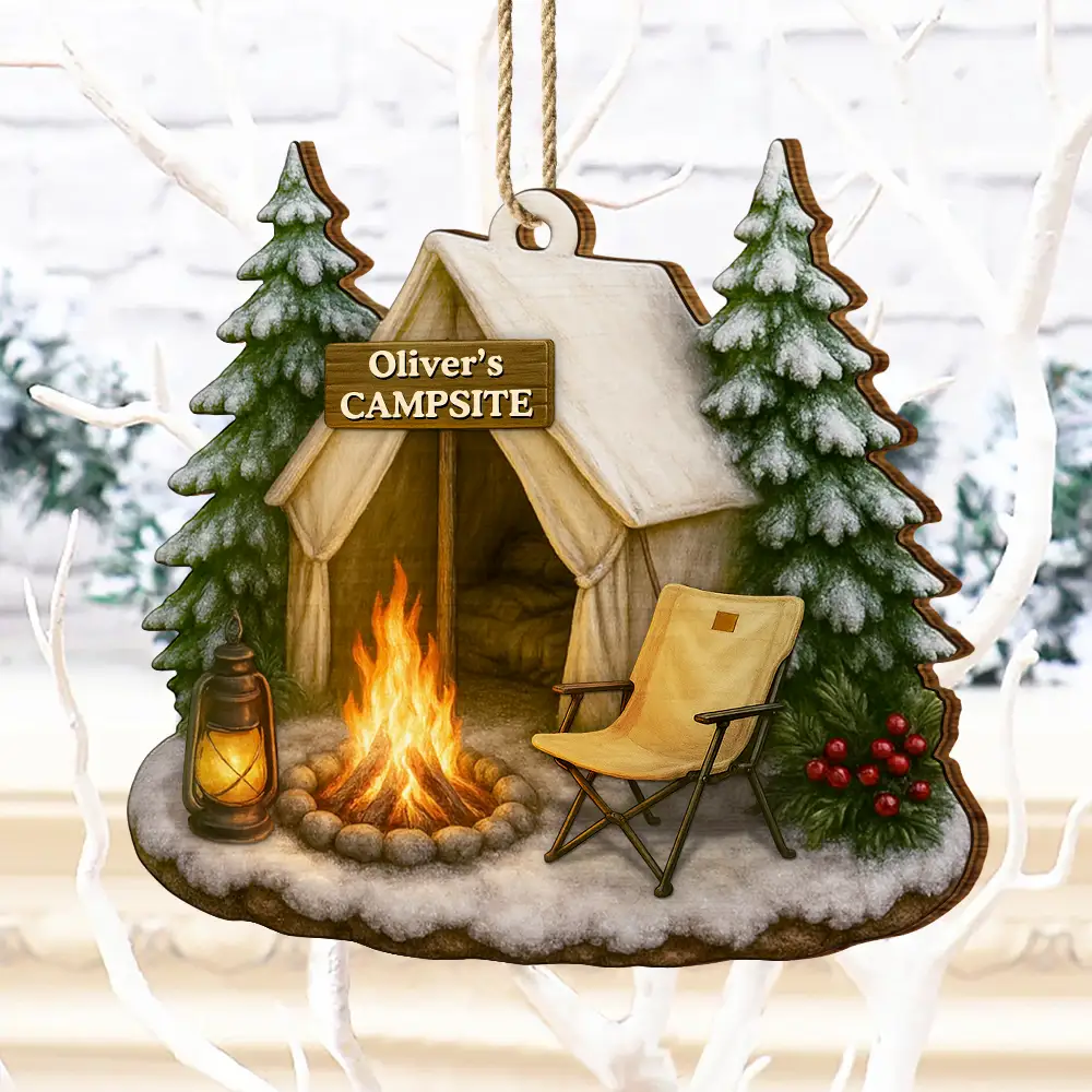 Christmas Campsite Scene - Personalized Custom Shaped Wooden Ornament - Image 4