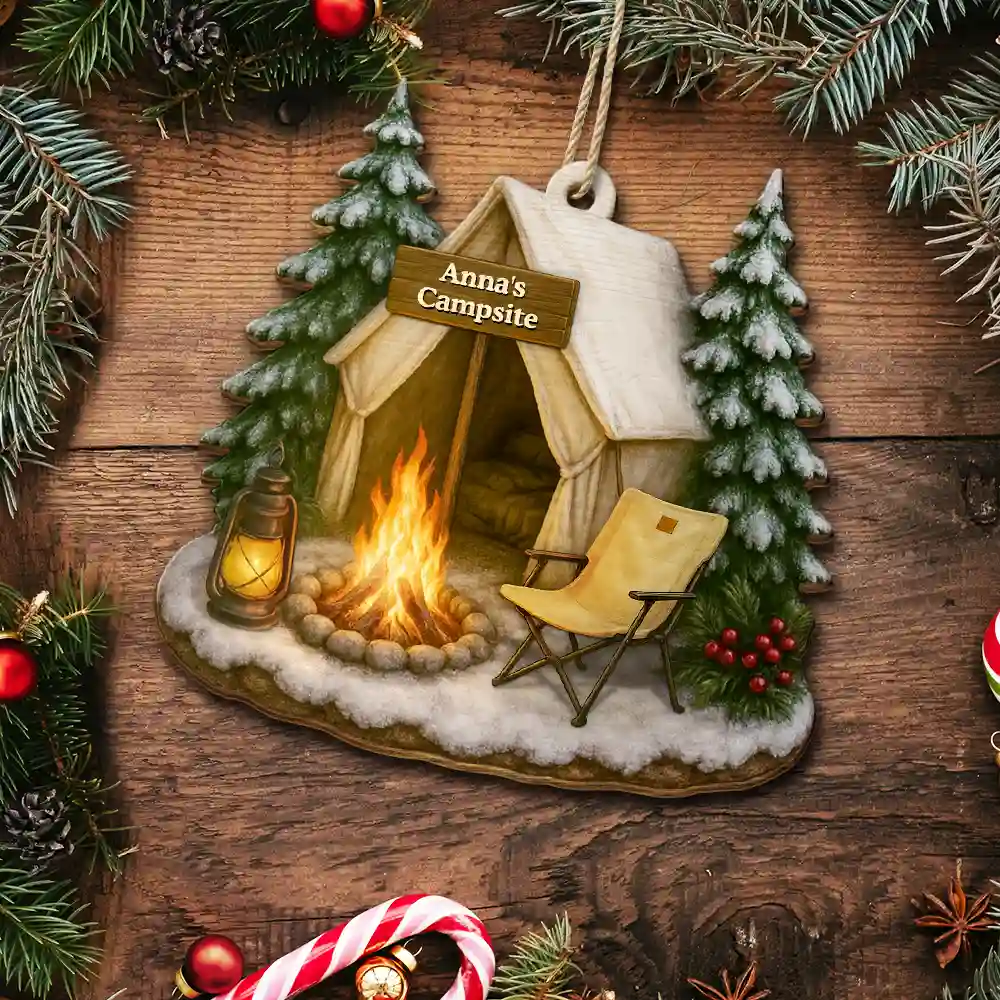 Christmas Campsite Scene - Personalized Custom Shaped Wooden Ornament - Image 5