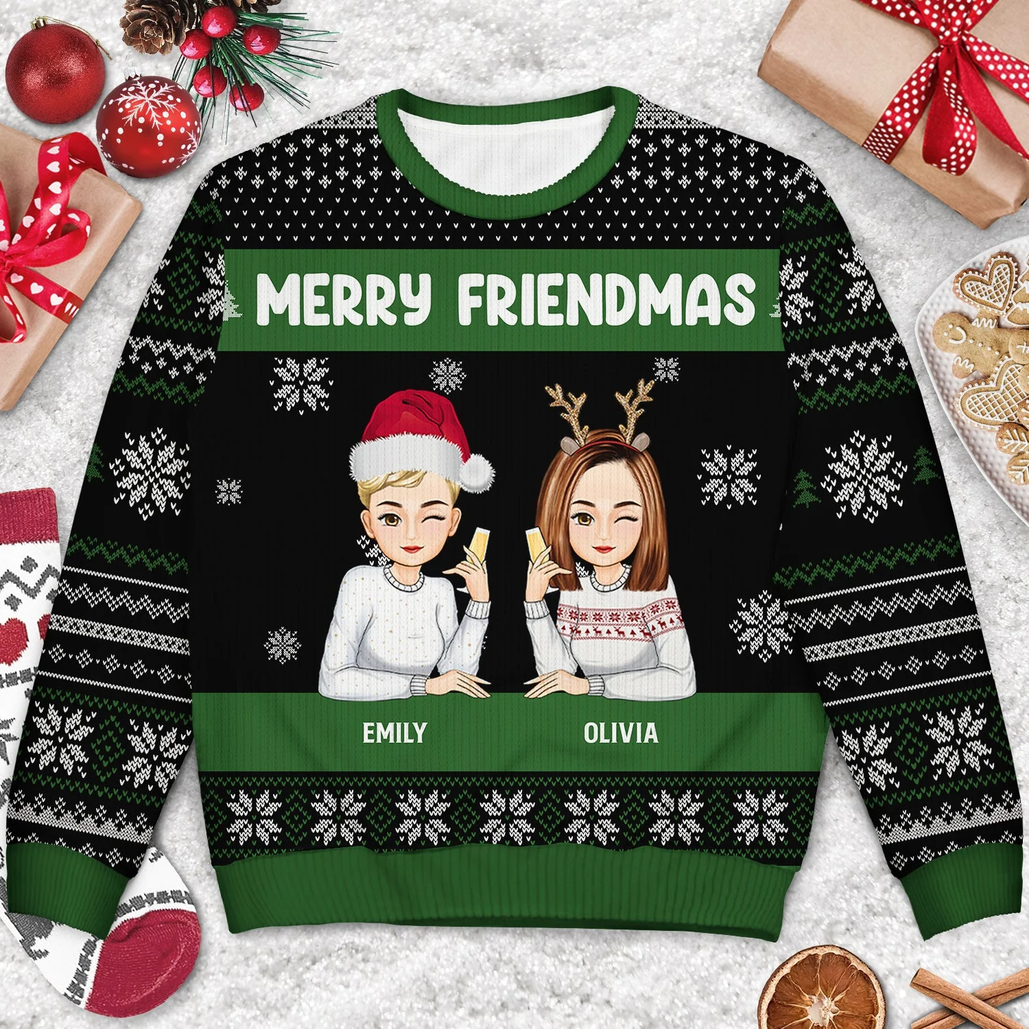 Christmas Cartoon Drinking Bestie Merry Friendmas - Gift For Bestie - Personalized Unisex Ugly Sweater - Image 3
