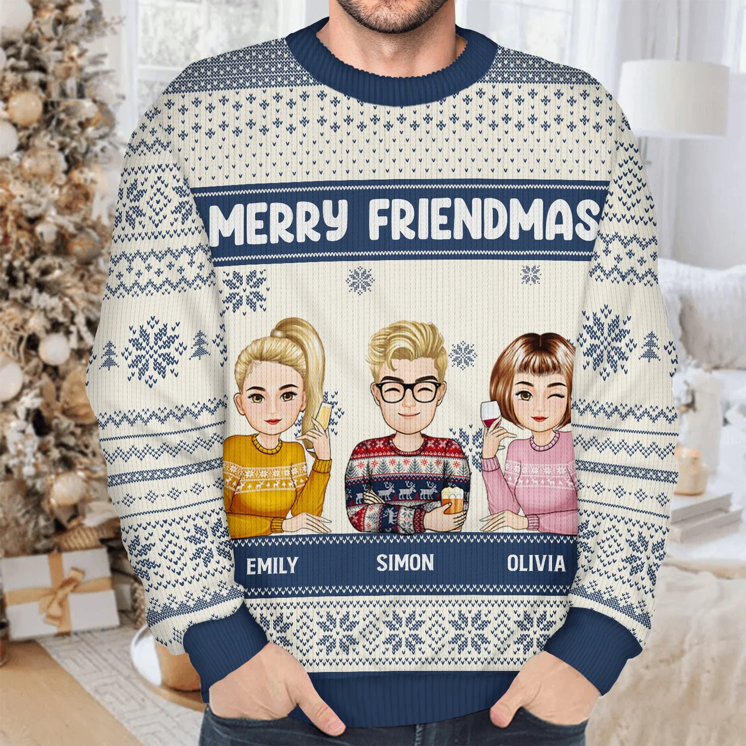 Christmas Cartoon Drinking Bestie Merry Friendmas - Gift For Bestie - Personalized Unisex Ugly Sweater - Image 4