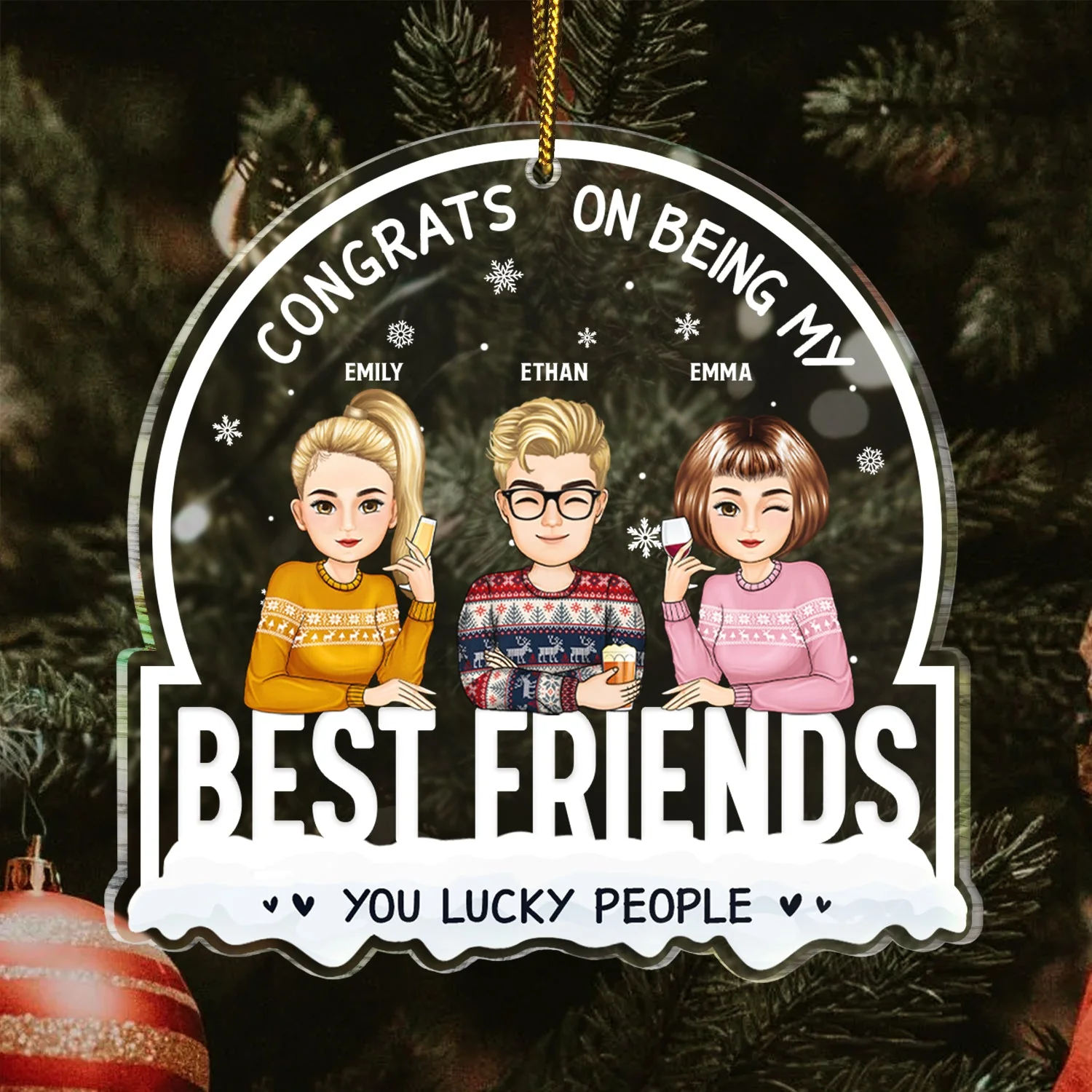 Christmas Cartoon Drinking Congrats On Being My Best Friends - Gift For Bestie - Personalized Custom Shaped Acrylic Ornament - Image 3