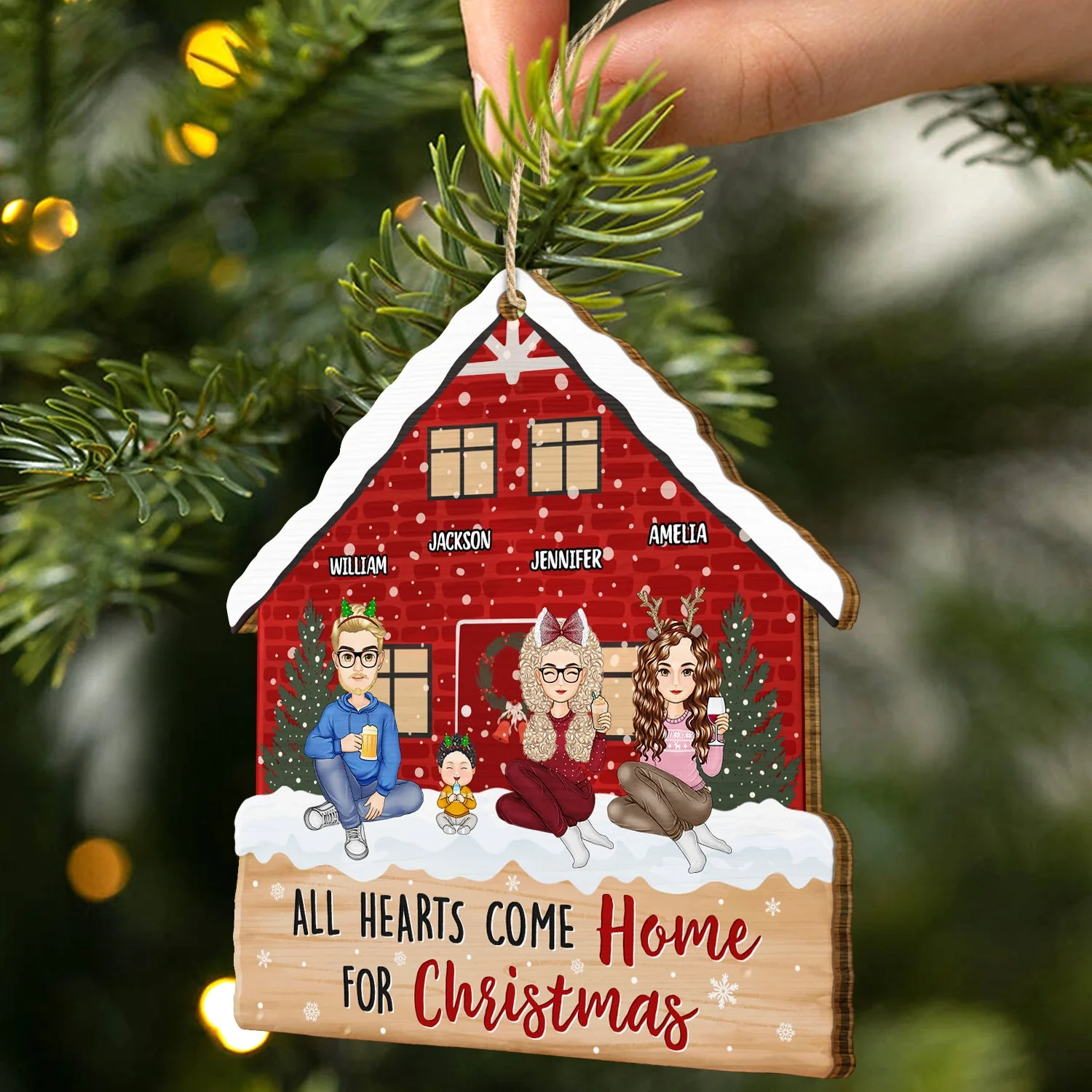 Christmas Cartoon Family All Hearts Come Home For Christmas - Gift For Family - Personalized Custom Shaped Wooden Ornament - Image 2