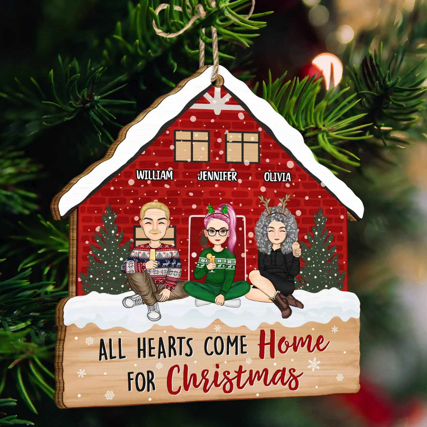 Christmas Cartoon Family All Hearts Come Home For Christmas - Gift For Family - Personalized Custom Shaped Wooden Ornament - Image 3