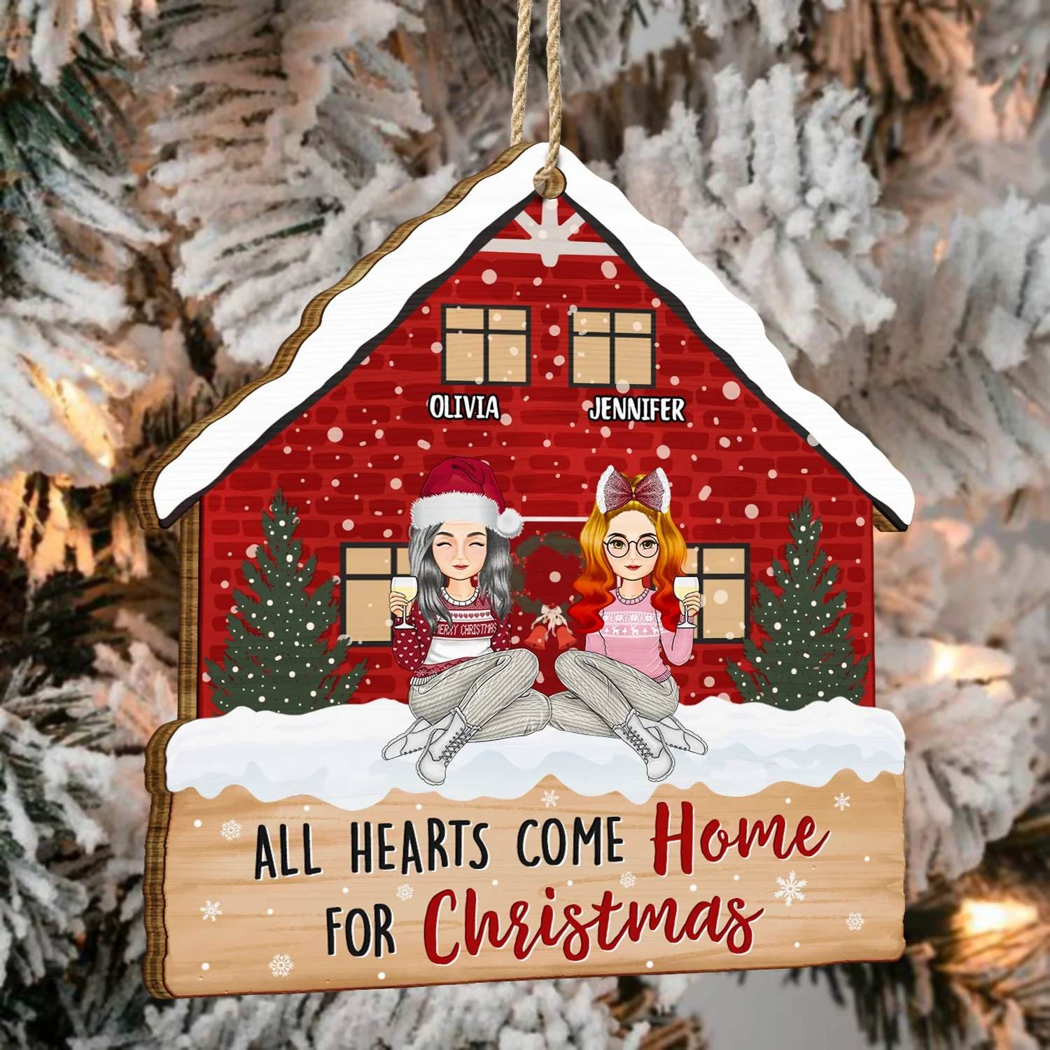 Christmas Cartoon Family All Hearts Come Home For Christmas - Gift For Family - Personalized Custom Shaped Wooden Ornament - Image 4