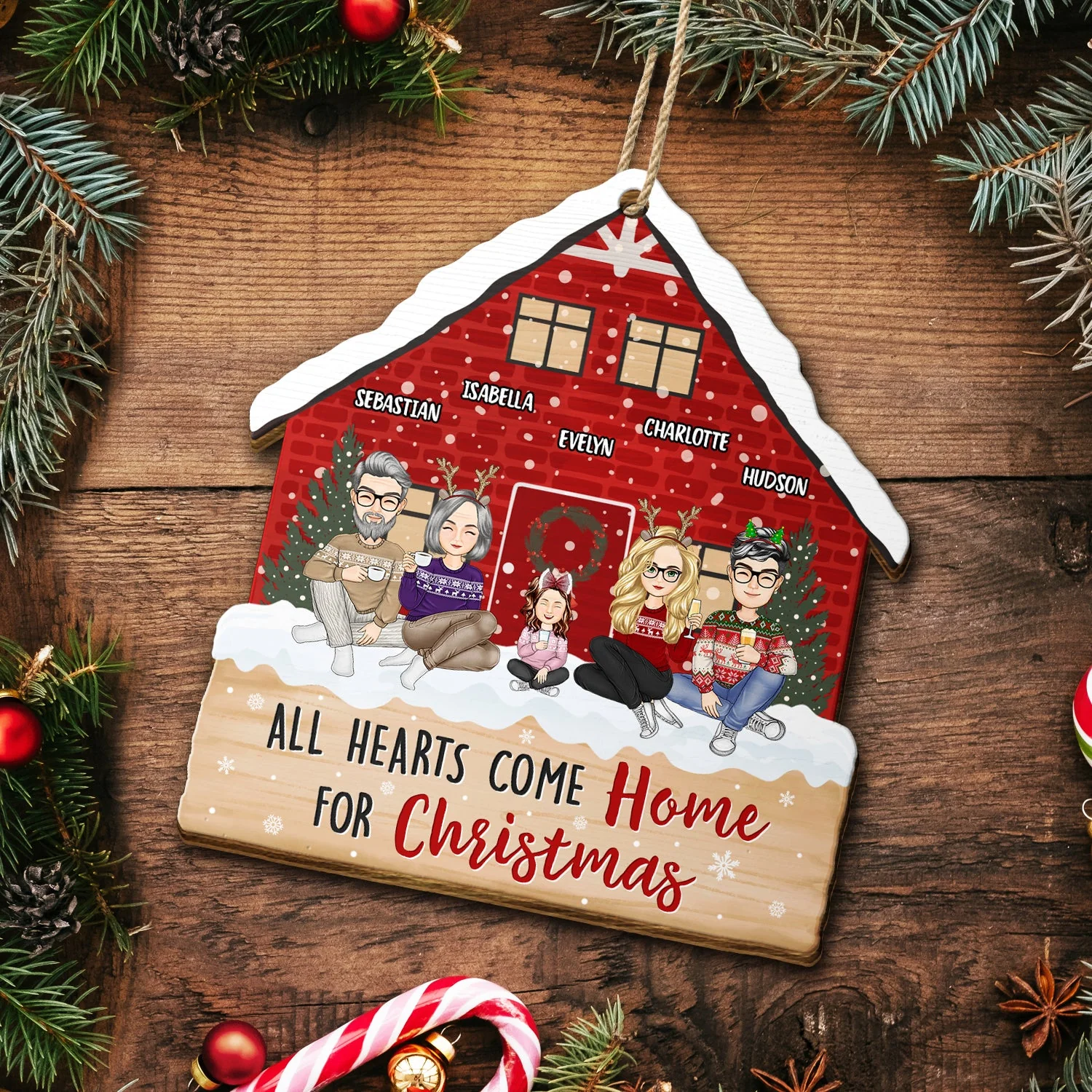 Christmas Cartoon Family All Hearts Come Home For Christmas - Gift For Family - Personalized Custom Shaped Wooden Ornament - Image 5