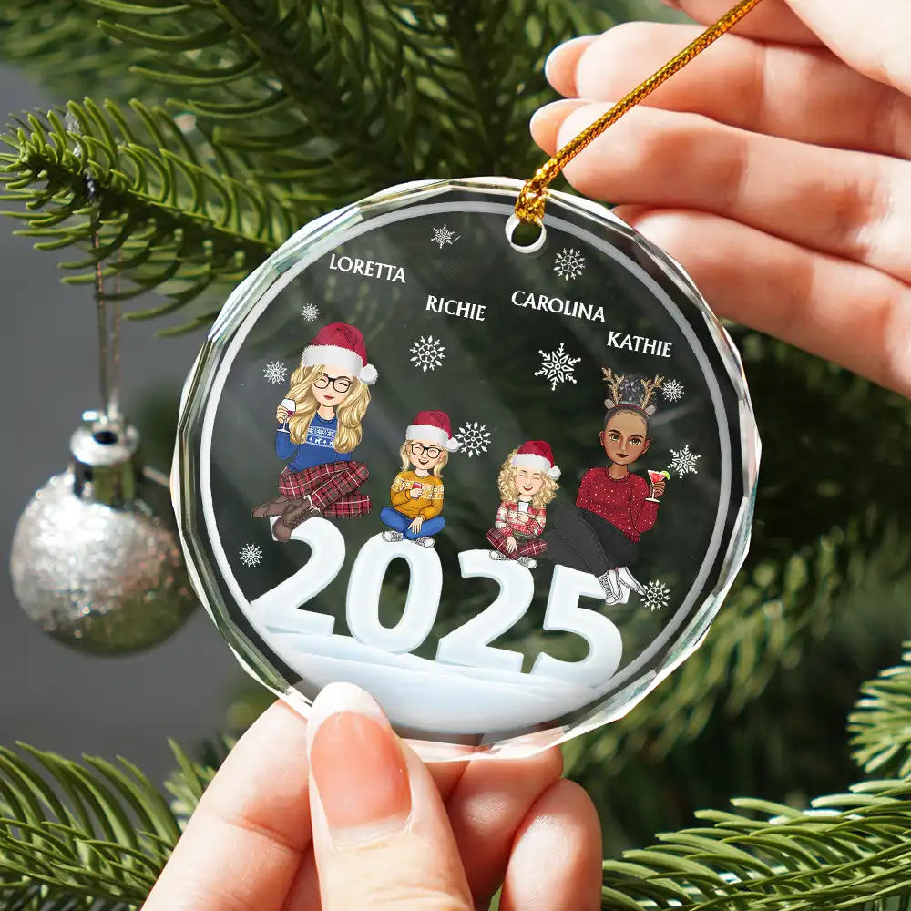 Christmas Cartoon Style 2024 Family Siblings - Personalized Circle Glass Ornament - Image 2