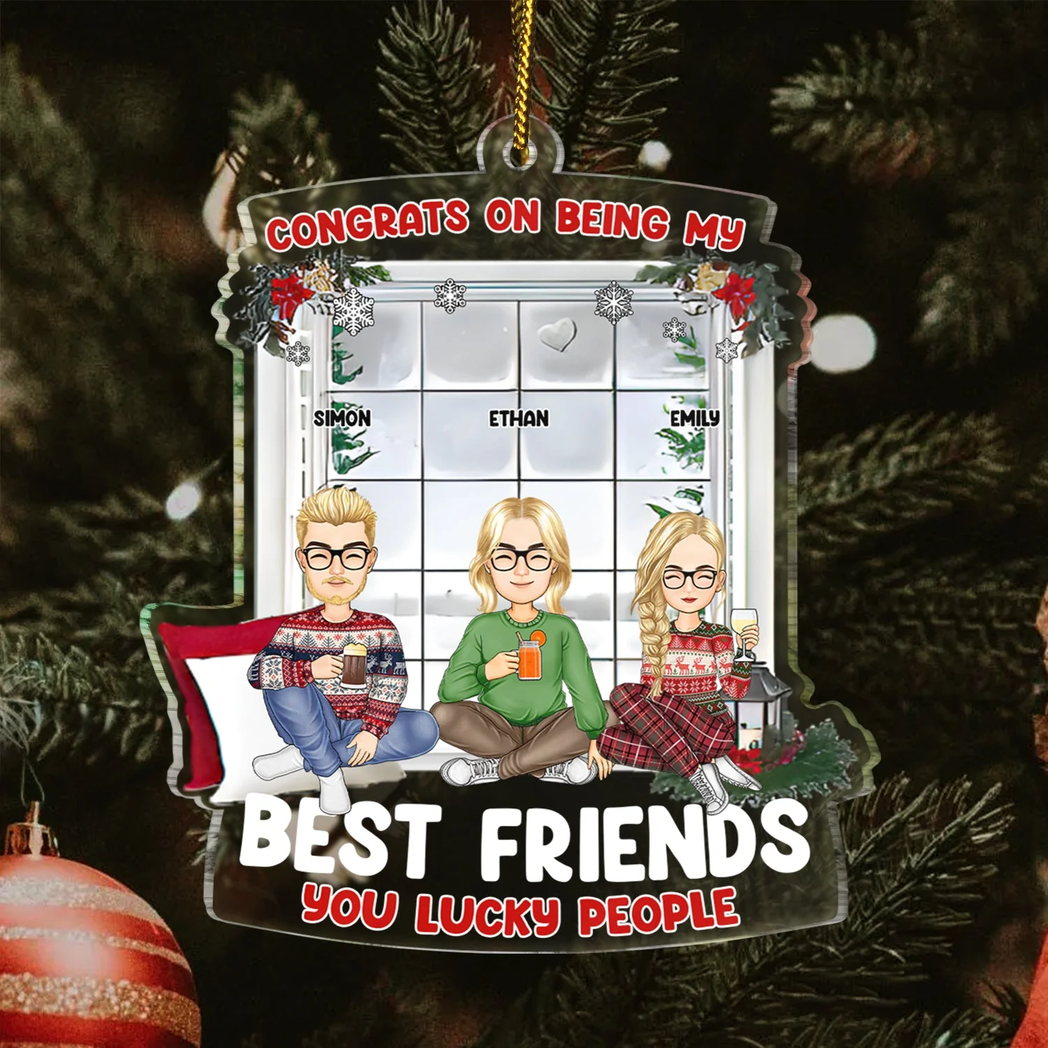 Christmas Cartoon Window Congrats On Being My Bestie - Gift For Bestie - Personalized Custom Shaped Acrylic Ornament - Image 3
